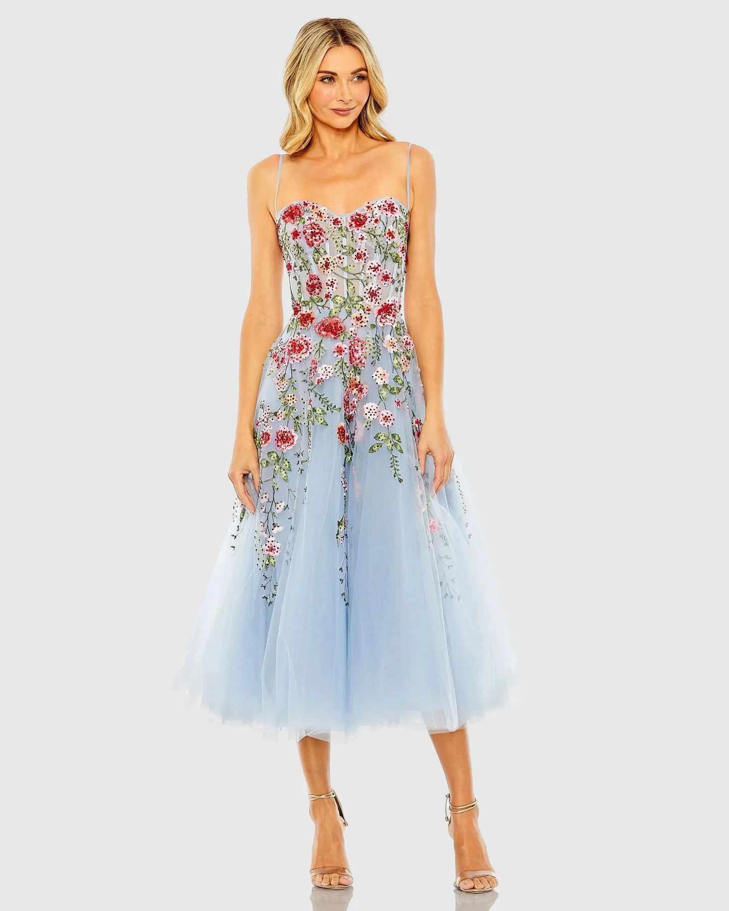 Blue Bustier Embroidered Floral A-Line Dress Mac Duggal