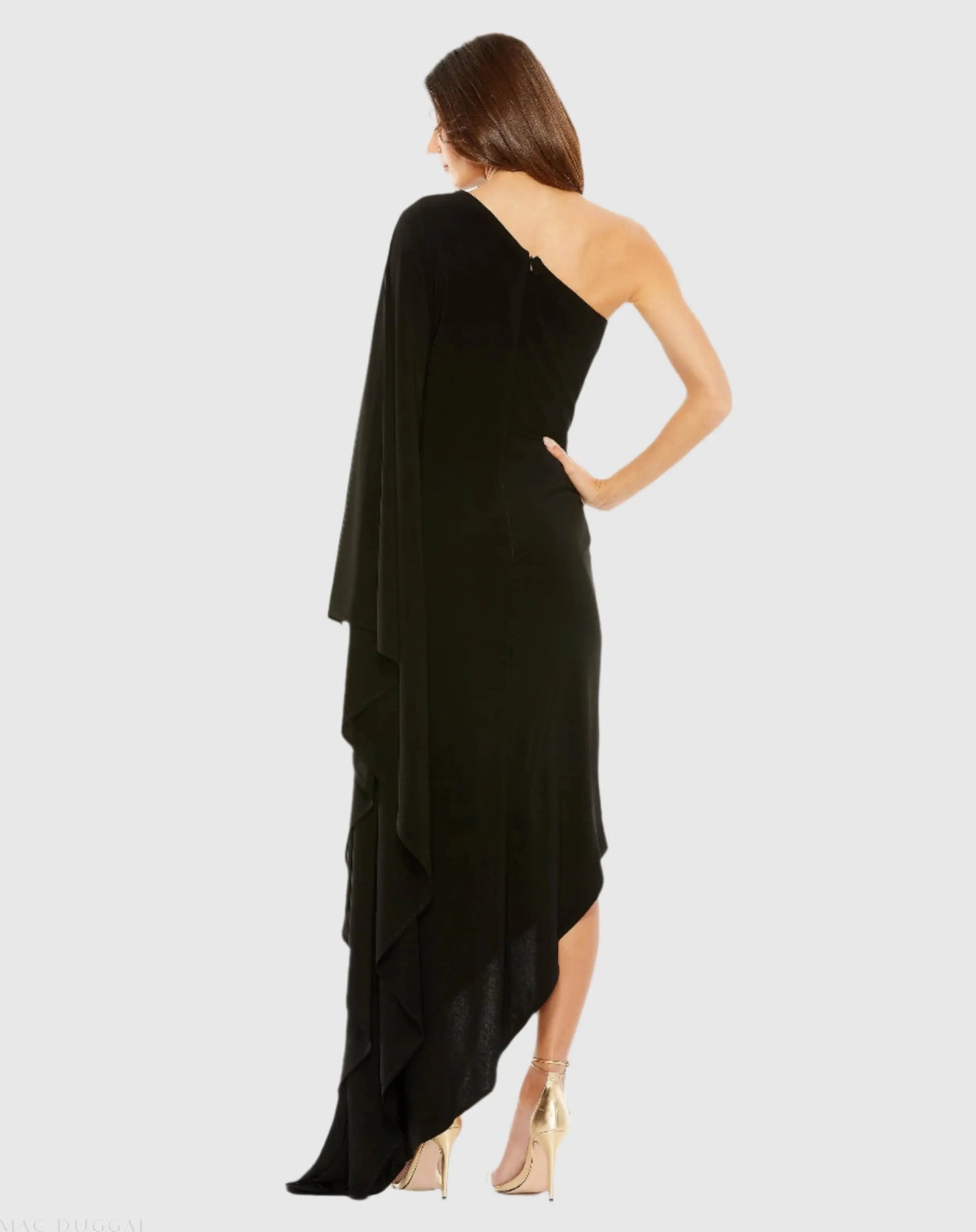 Black One Shoulder Cape Sleeve Ruched Detail Jersey Gown - Mac Duggal