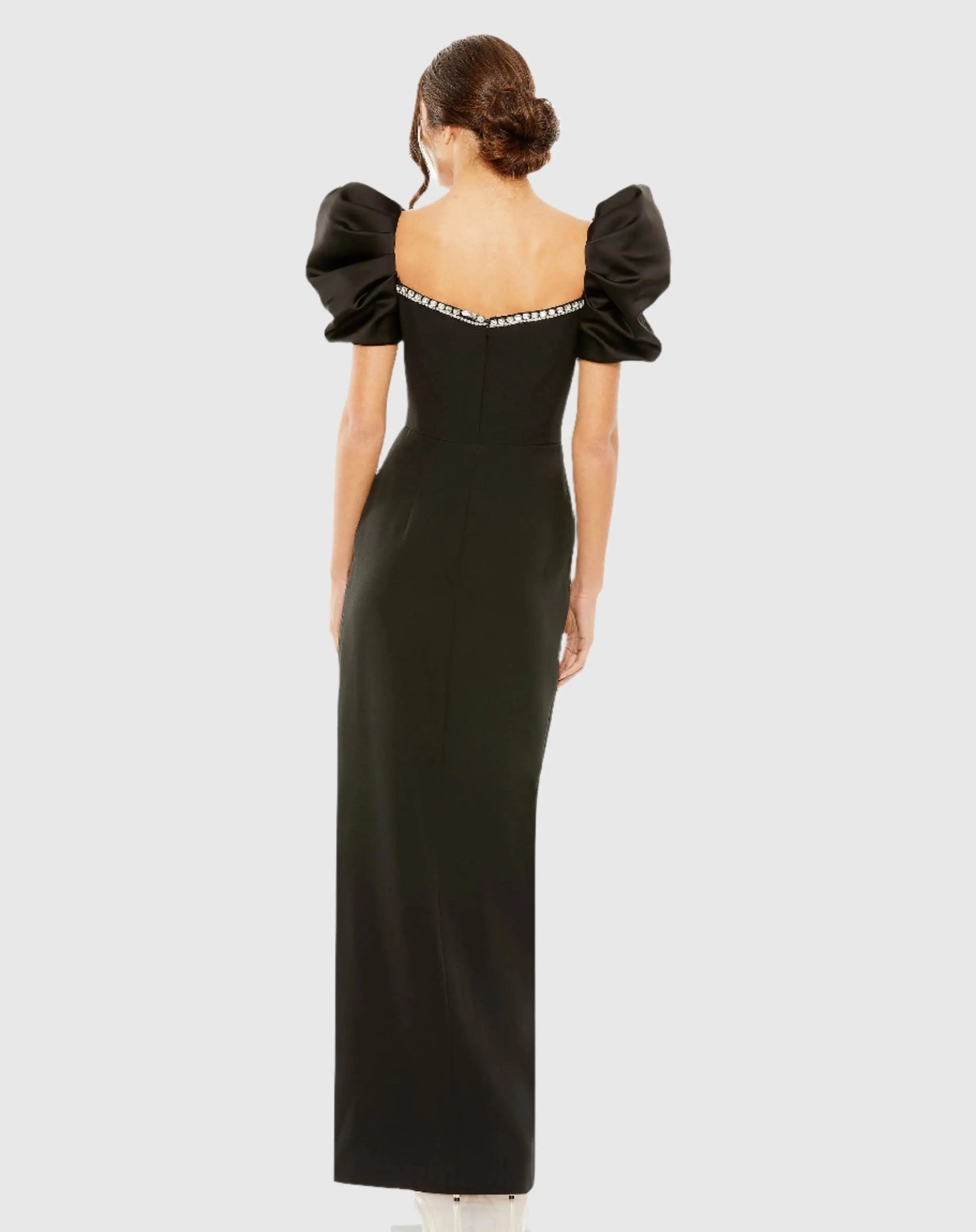 Black Puff Sleeve Beaded Sweetheart Neck High Slit Gown - Mac Duggal