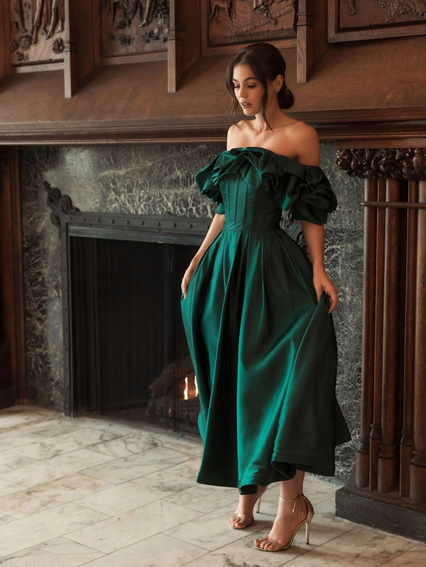 Green Off The Shoulder Tea Length Dress - Mac Duggal