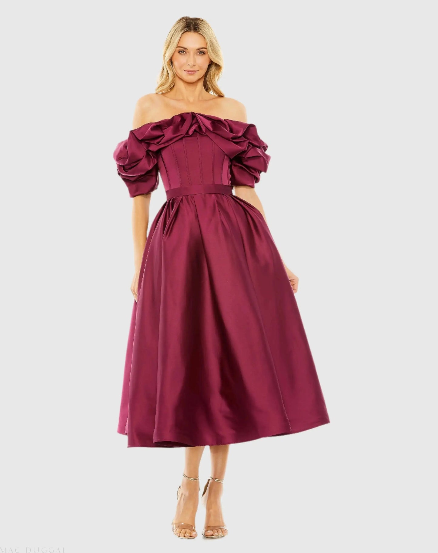 Plum Off The Shoulder Tea Length Dress - Mac Duggal
