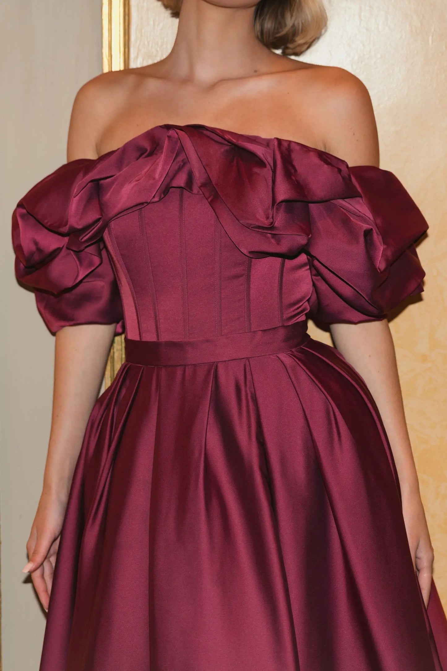 Plum Off The Shoulder Tea Length Dress - Mac Duggal