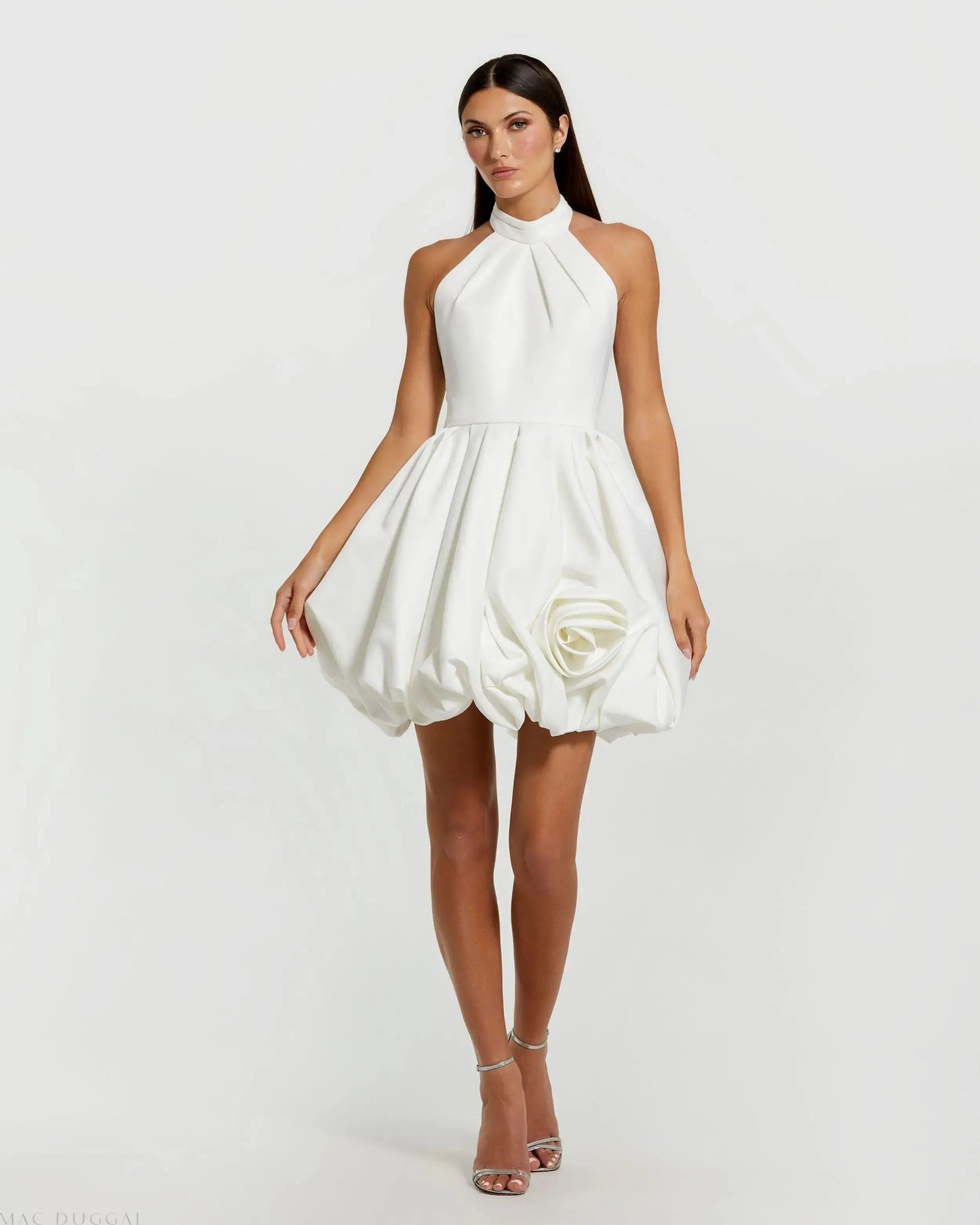 White Satin High Neck Sleeveless Bubble Hem Mini Dress Ieena for Mac Duggal