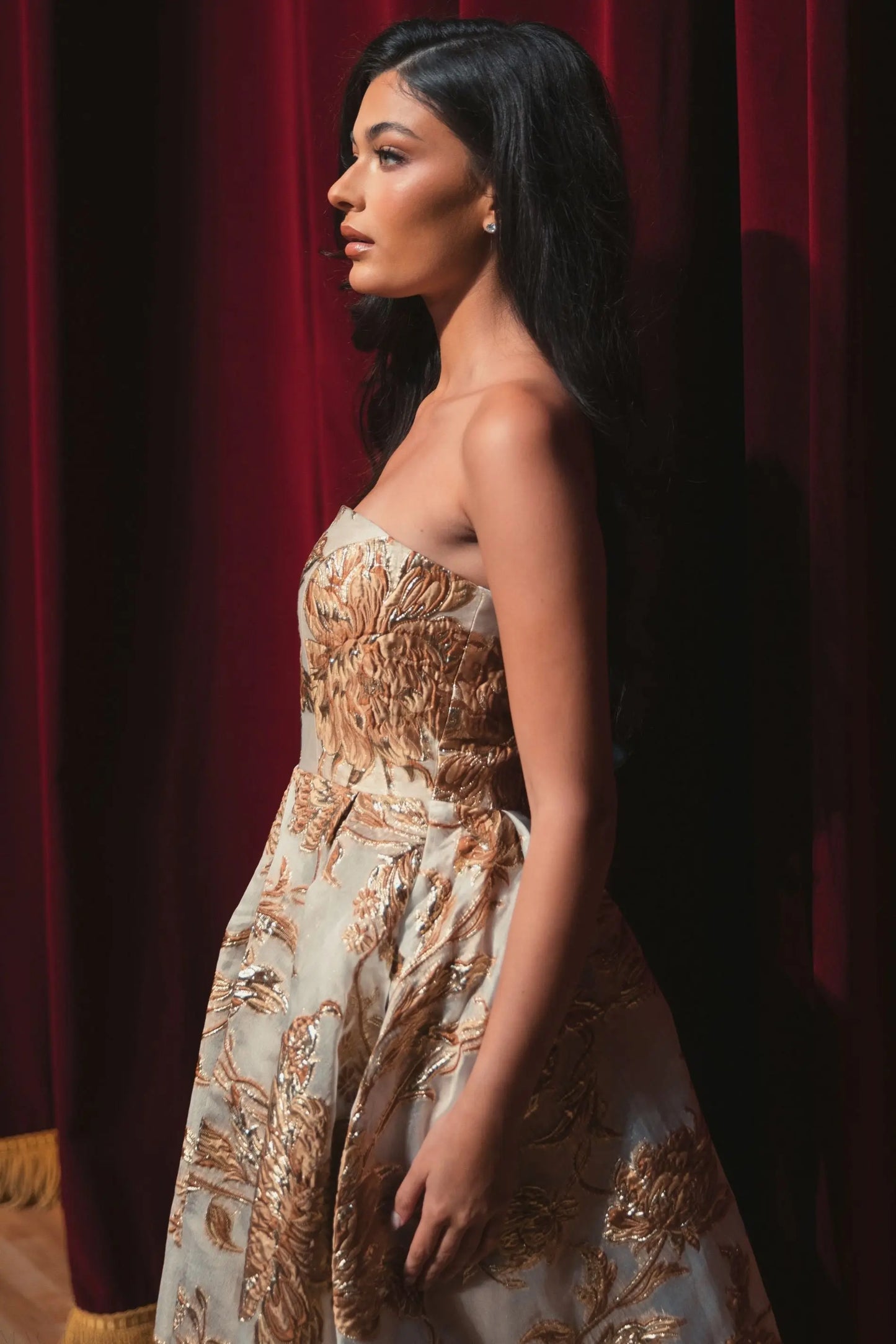 Gold Strapless Brocade Midi Dress with Pockets - Mac Duggal