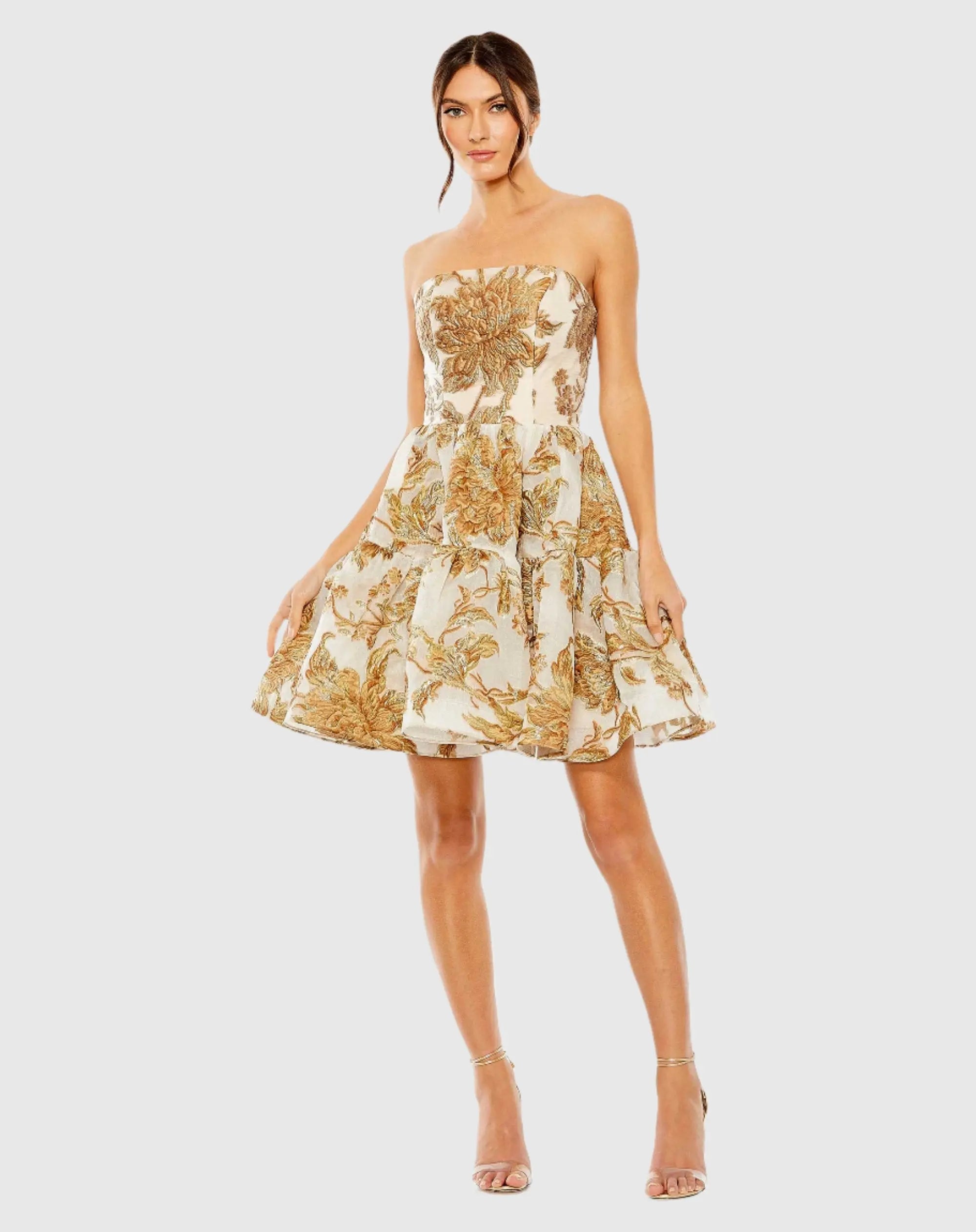 Gold Strapless Brocade Mini Dress with Pockets Gold Strapless Brocade Mini Dress with Pockets
