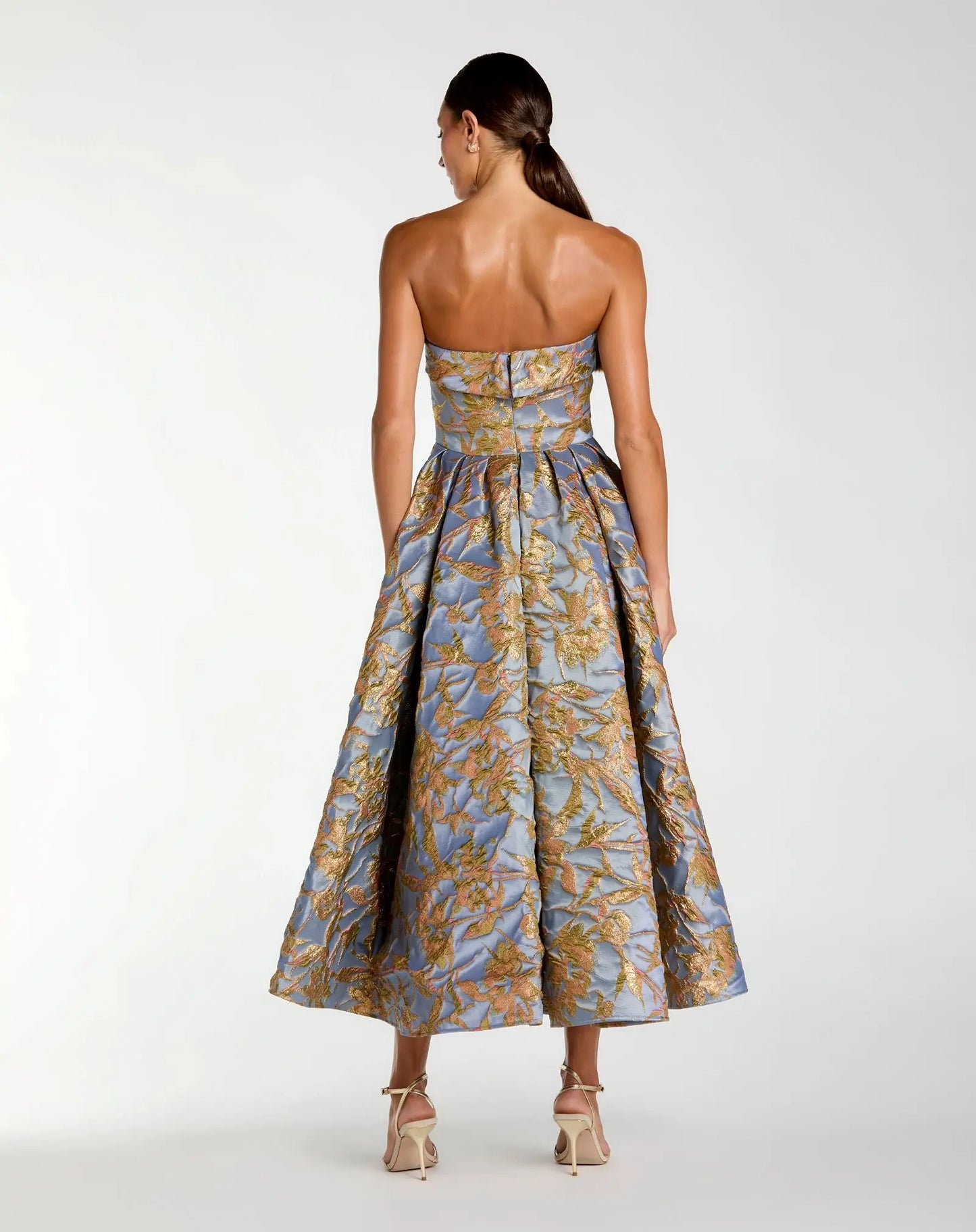 Blue Strapless Brocade Midi Dress with Pockets - Mac Duggal