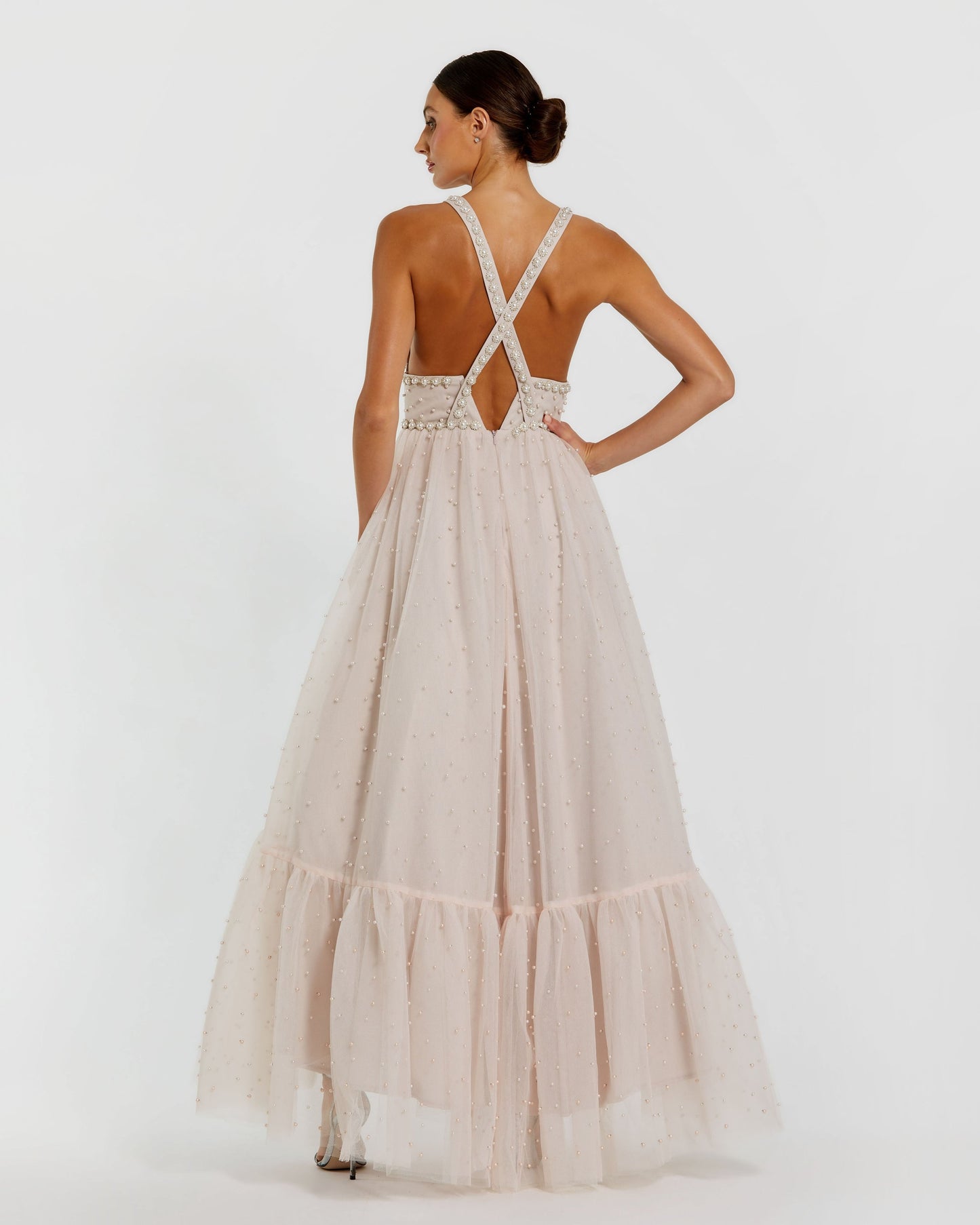 Light Pink Pearl Beaded High Low Gown Mac Duggal