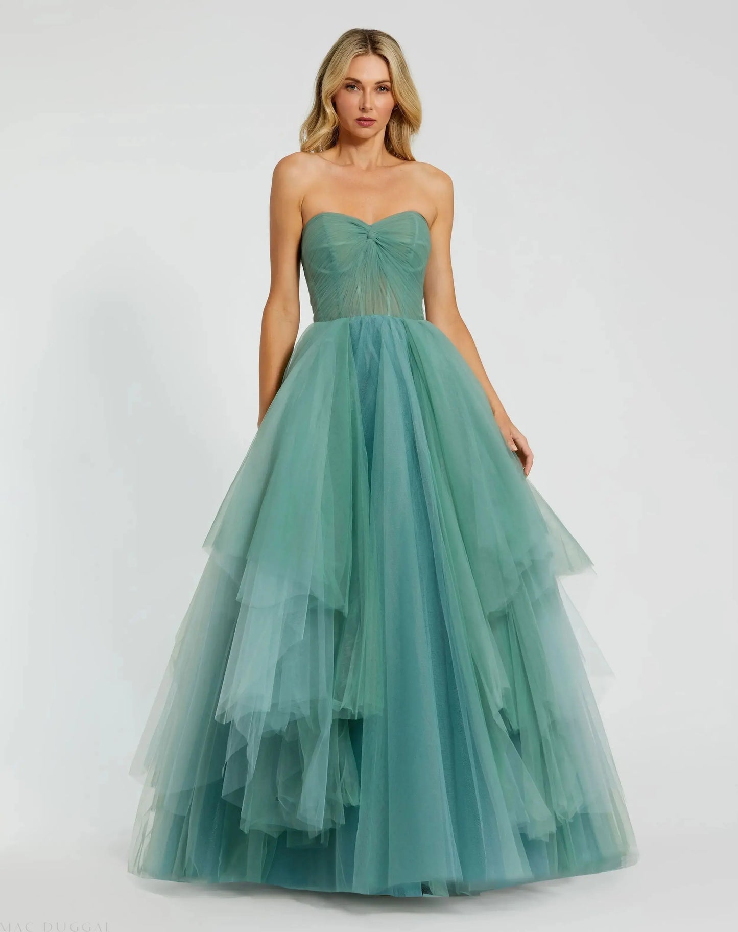 Green Strapless Bustier Twist Top Ruffle Ballgown - Mac Duggal