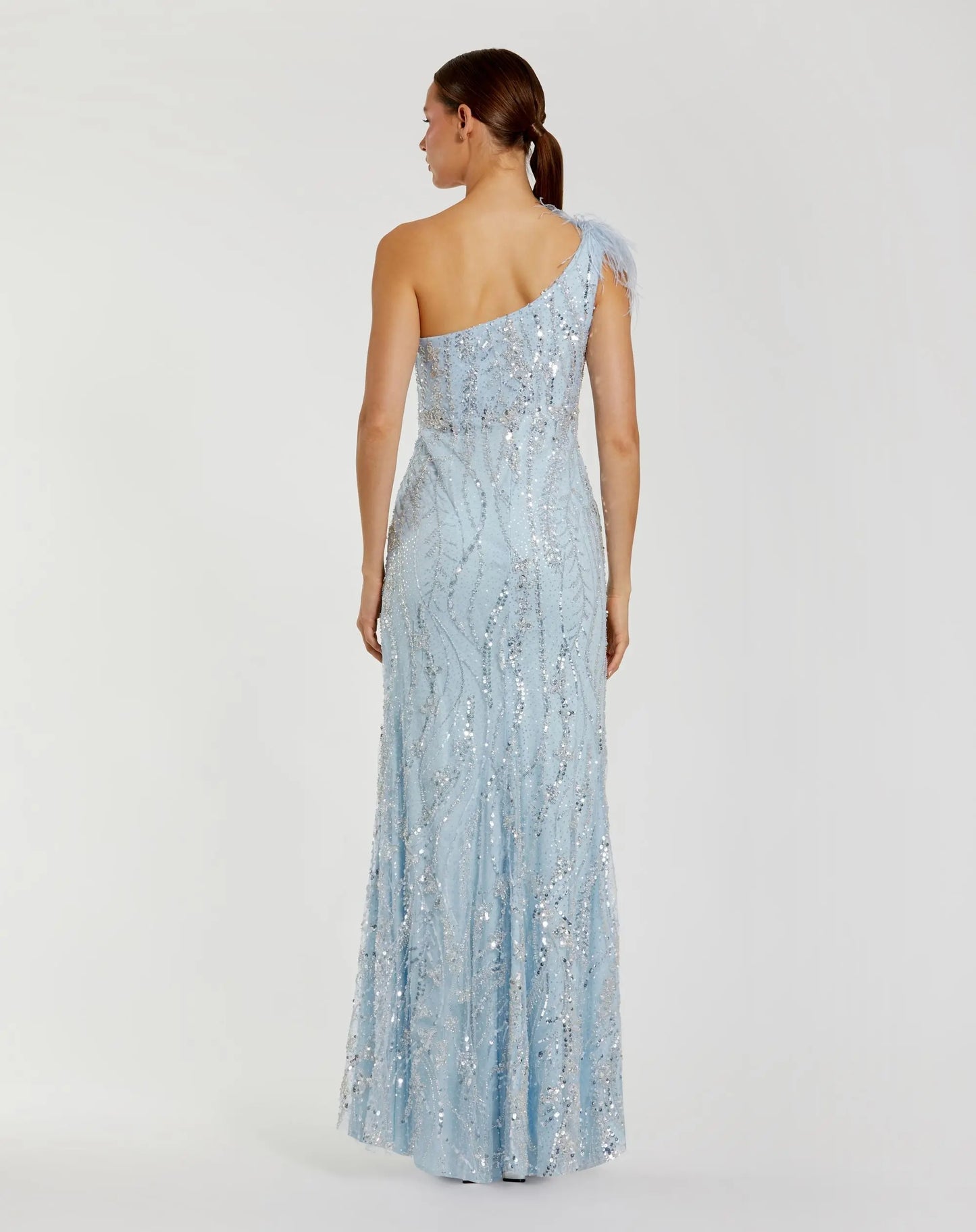 Blue Feathered One Shoulder Embellished Applique Gown - Mac Duggal