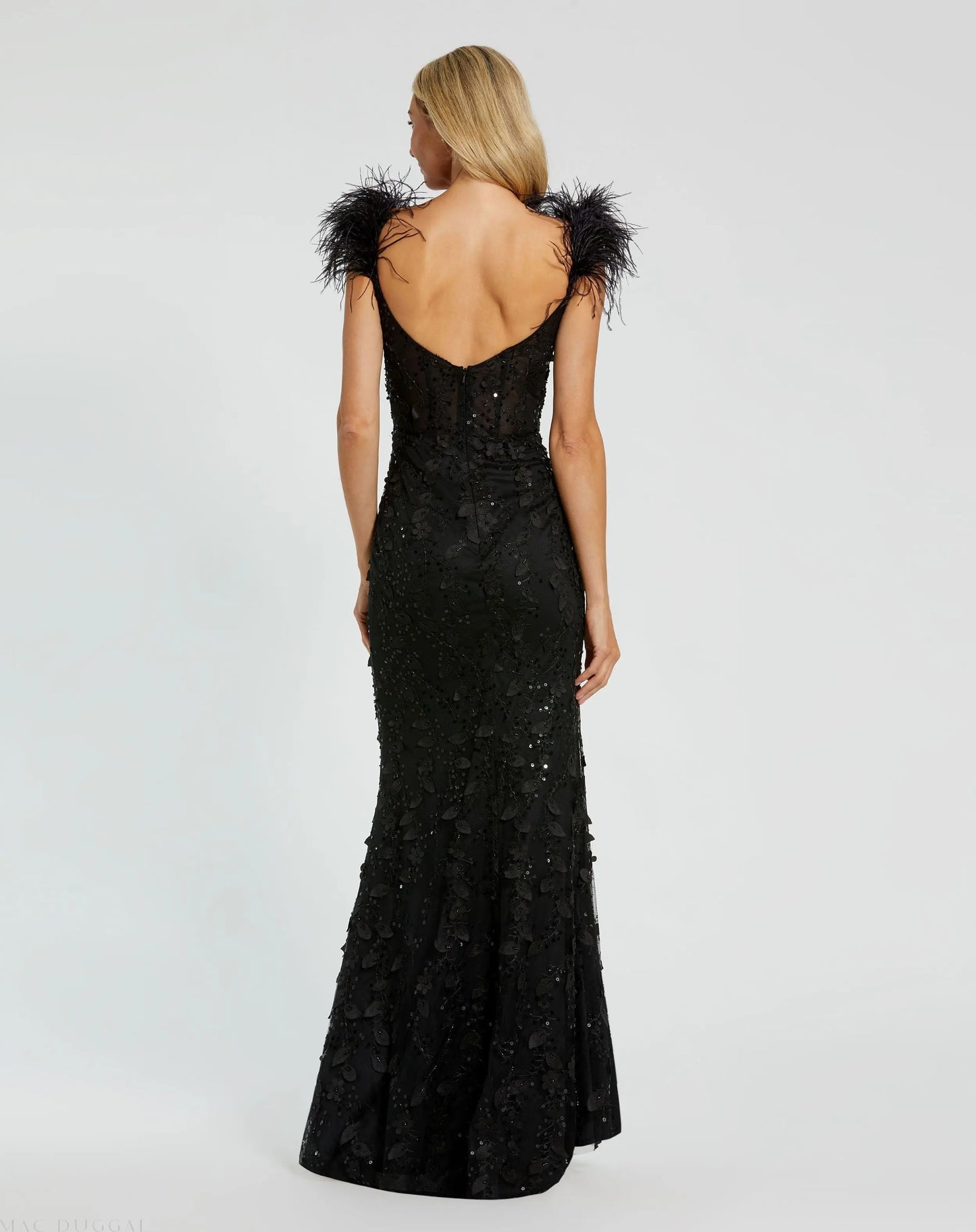 Black Sheer Applique Bustier Gown with Feather Straps - Mac Duggal