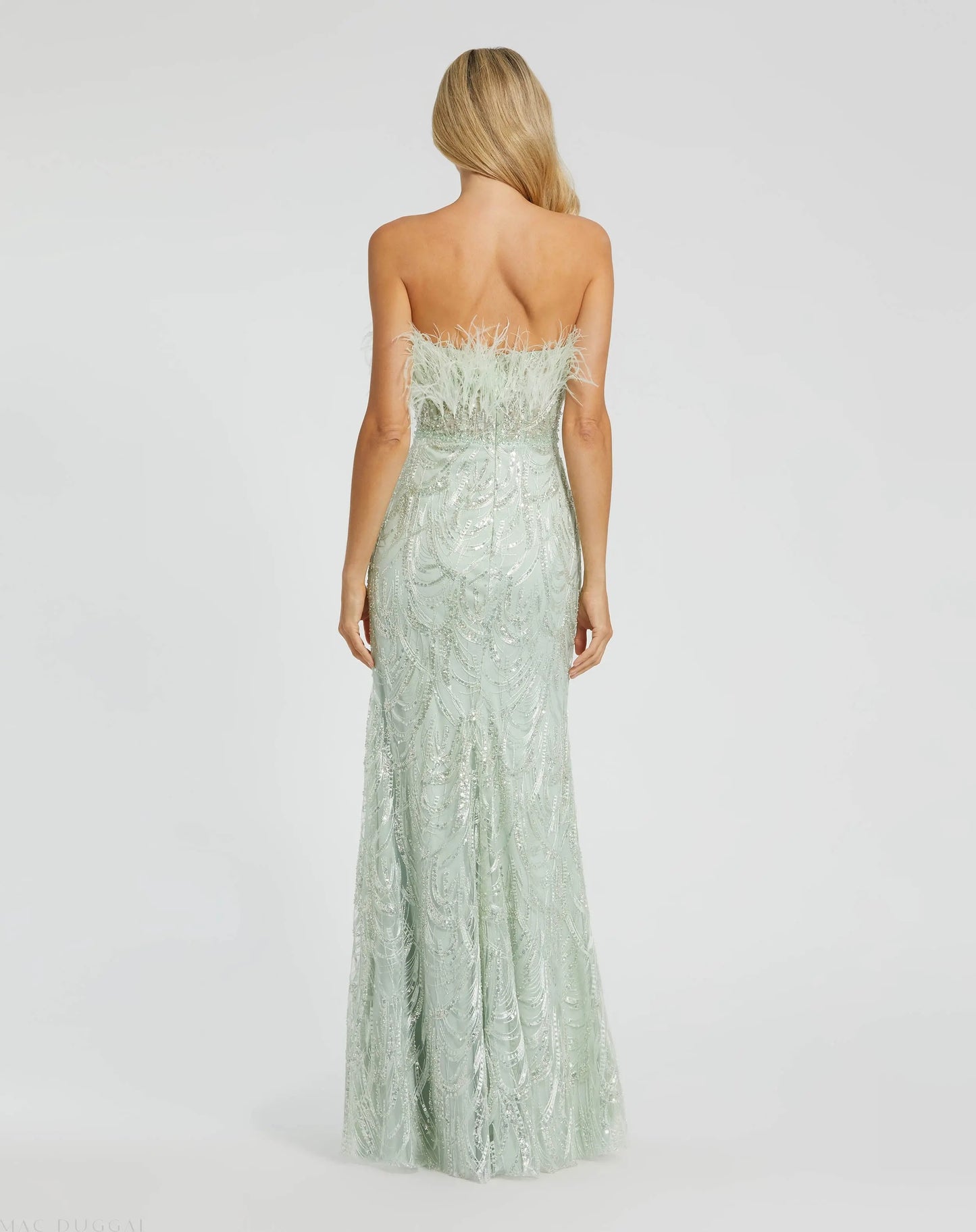 Green Strapless Feather Bustier Gown with Embroidery - Mac Duggal
