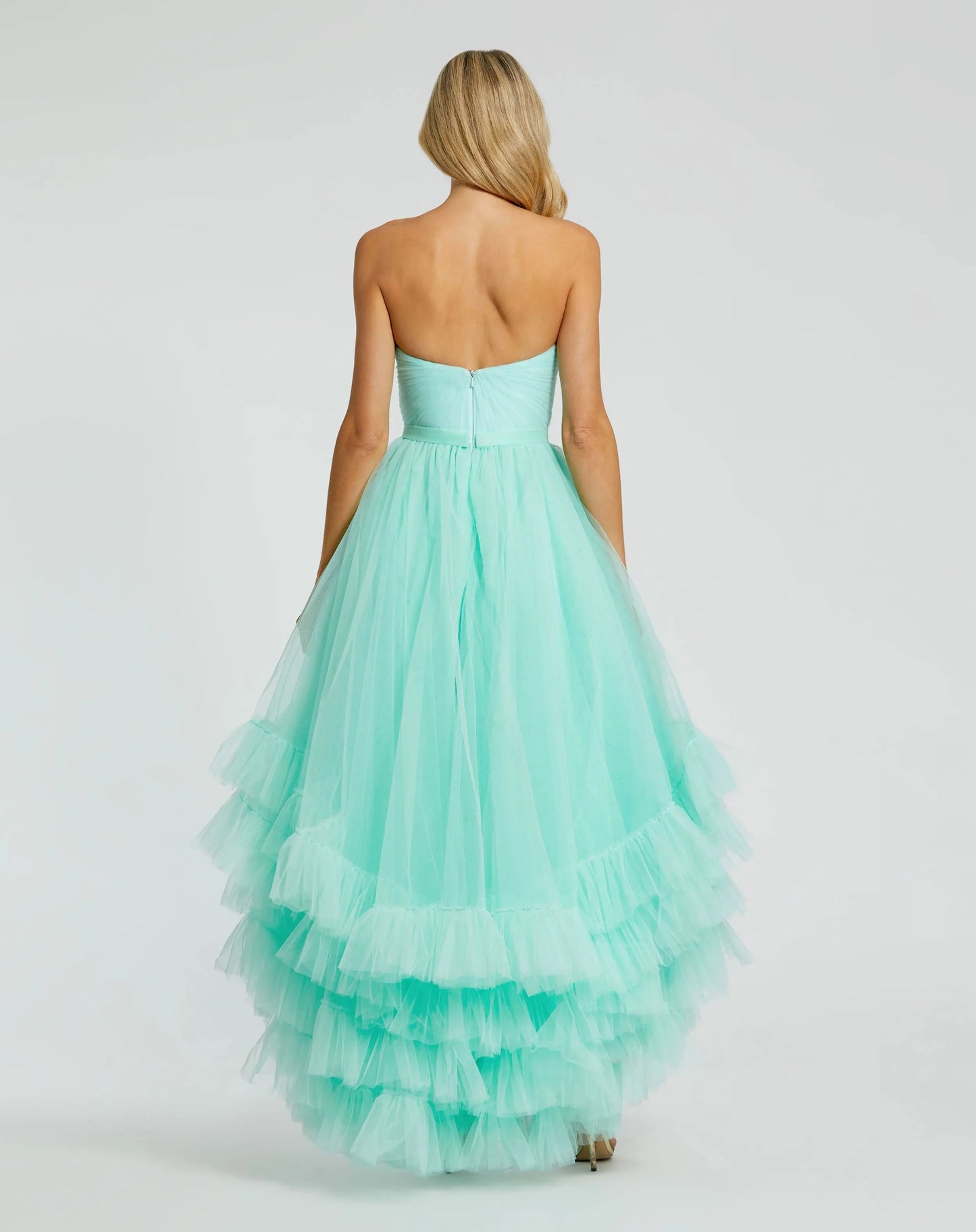 Strapless Ruched Sweetheart Ruffle High Low Gown - Mac Duggal