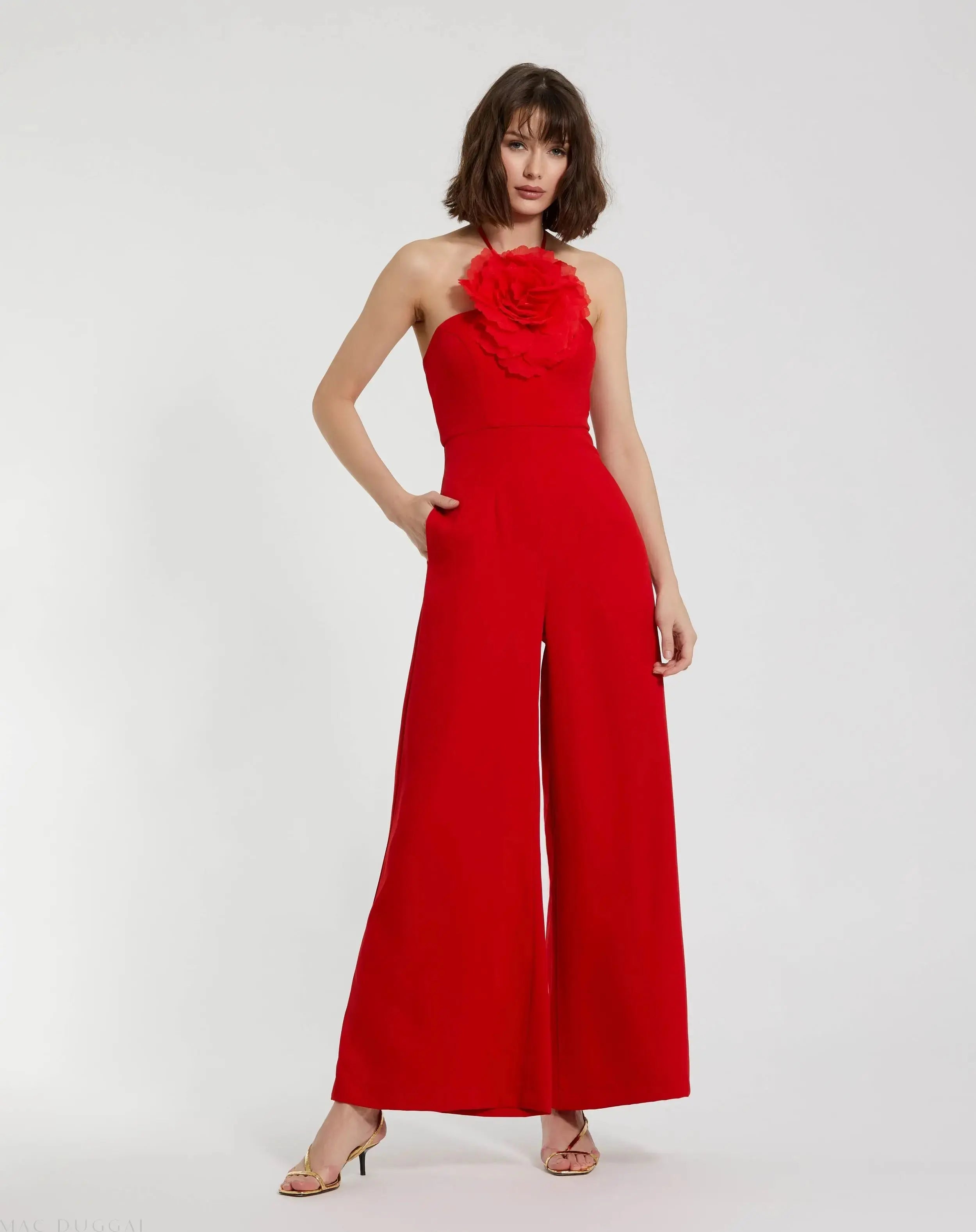 Red Halter Neck Crepe Jumpsuit With Flower | Mac Duggal Red Halter Neck Crepe Jumpsuit With Flower | Mac Duggal