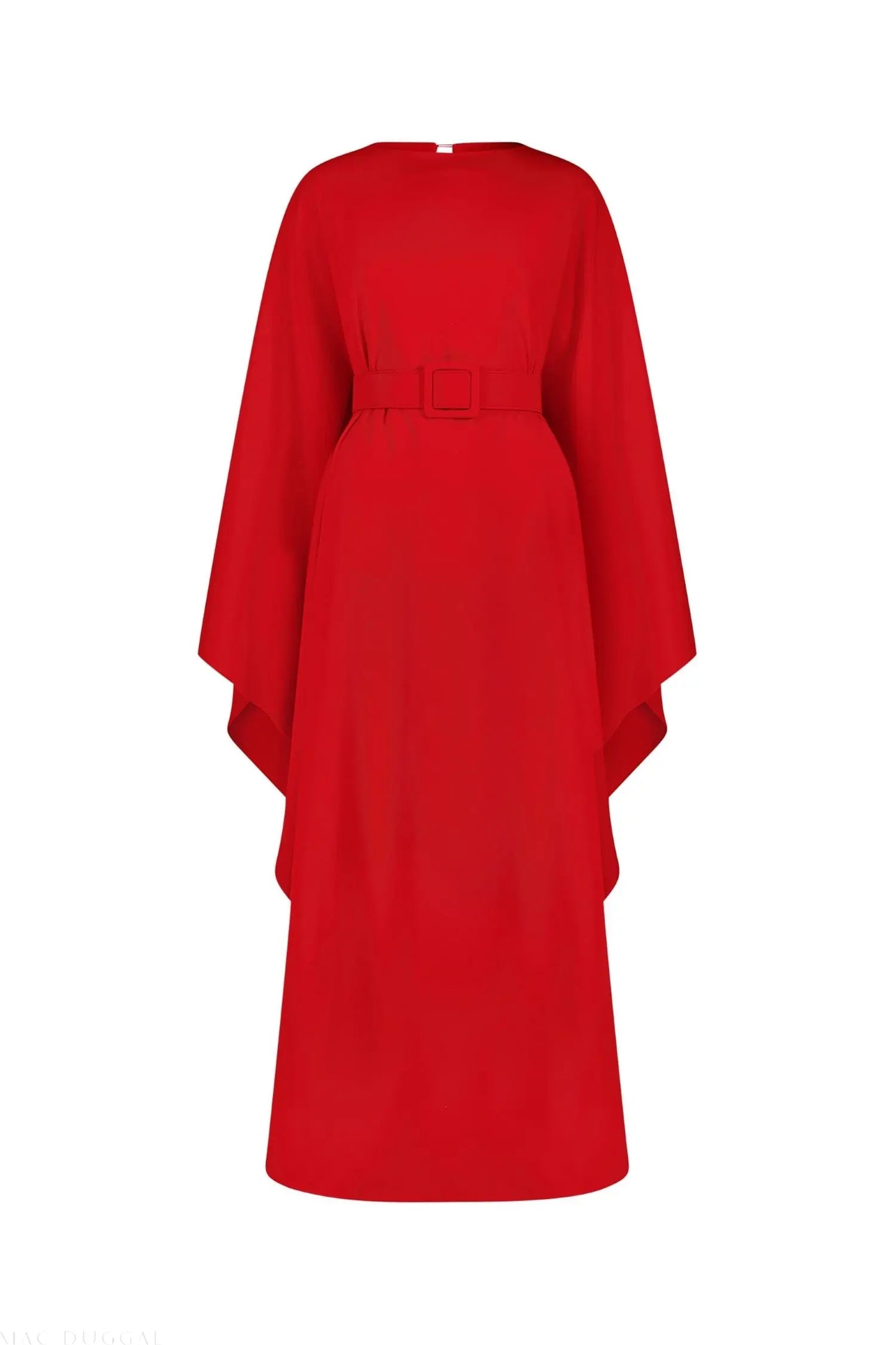Red Crepe Boat Neck Caftan Maxi Dress With Belt - Mac Duggal