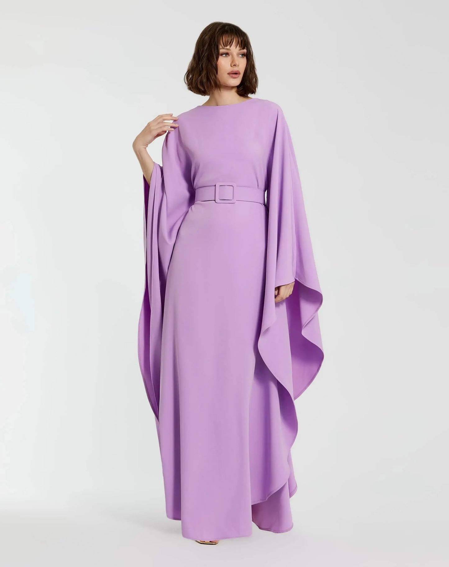 Purple Crepe Boat Neck Caftan Dress With Belt - Mac Duggal