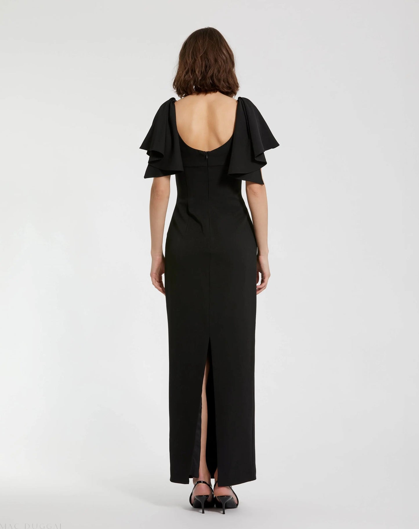 Black Crepe Fitted Long Dress With Short Ruffle Sleeves - Mac Duggal