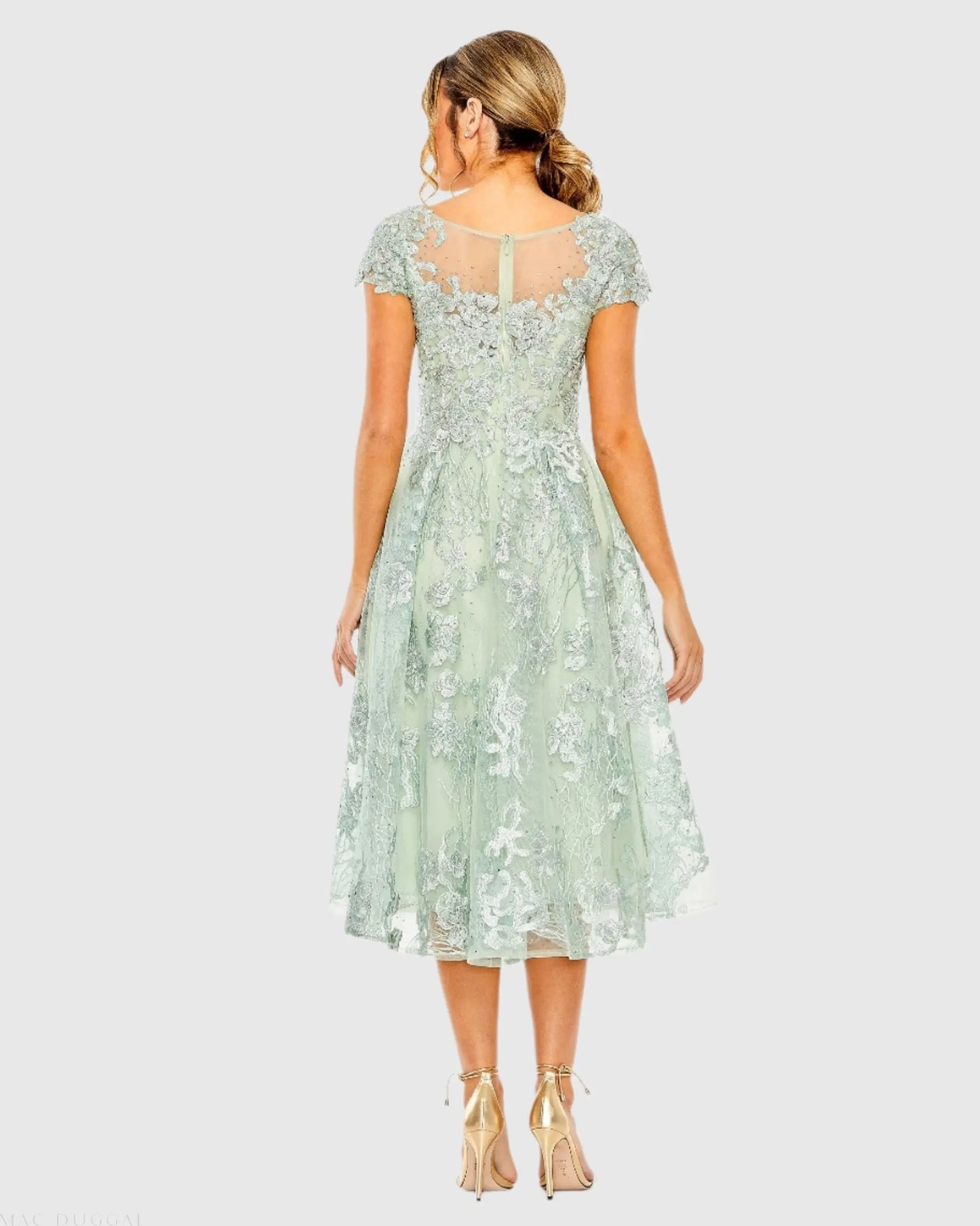 Green Embroidered Cap Sleeve A Line Dress - Mac Duggal