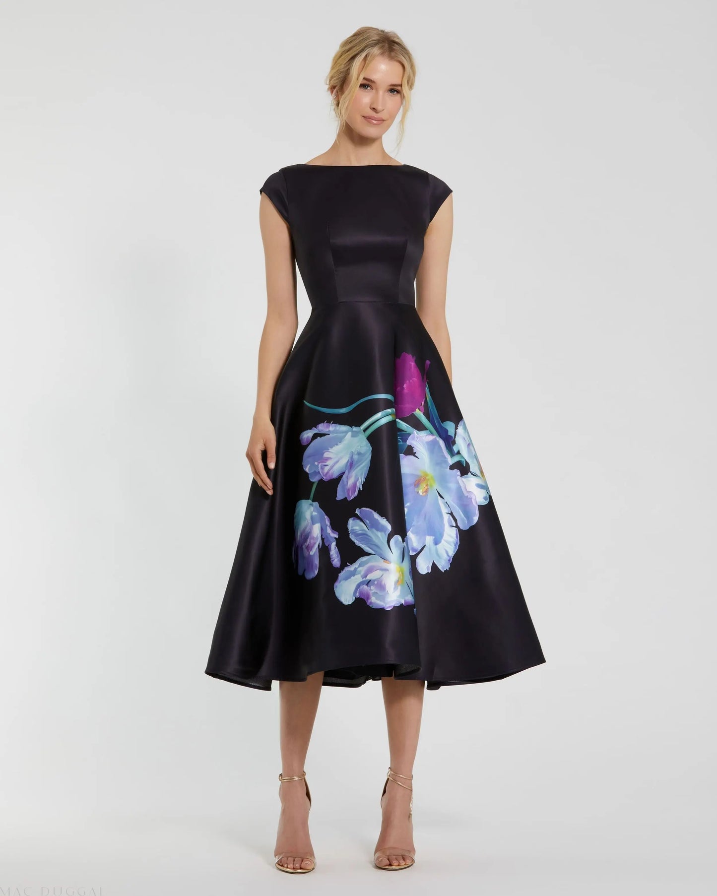 Black Satin Cap Sleeve Midi Dress With Floral Print - Ieena for Mac Duggal