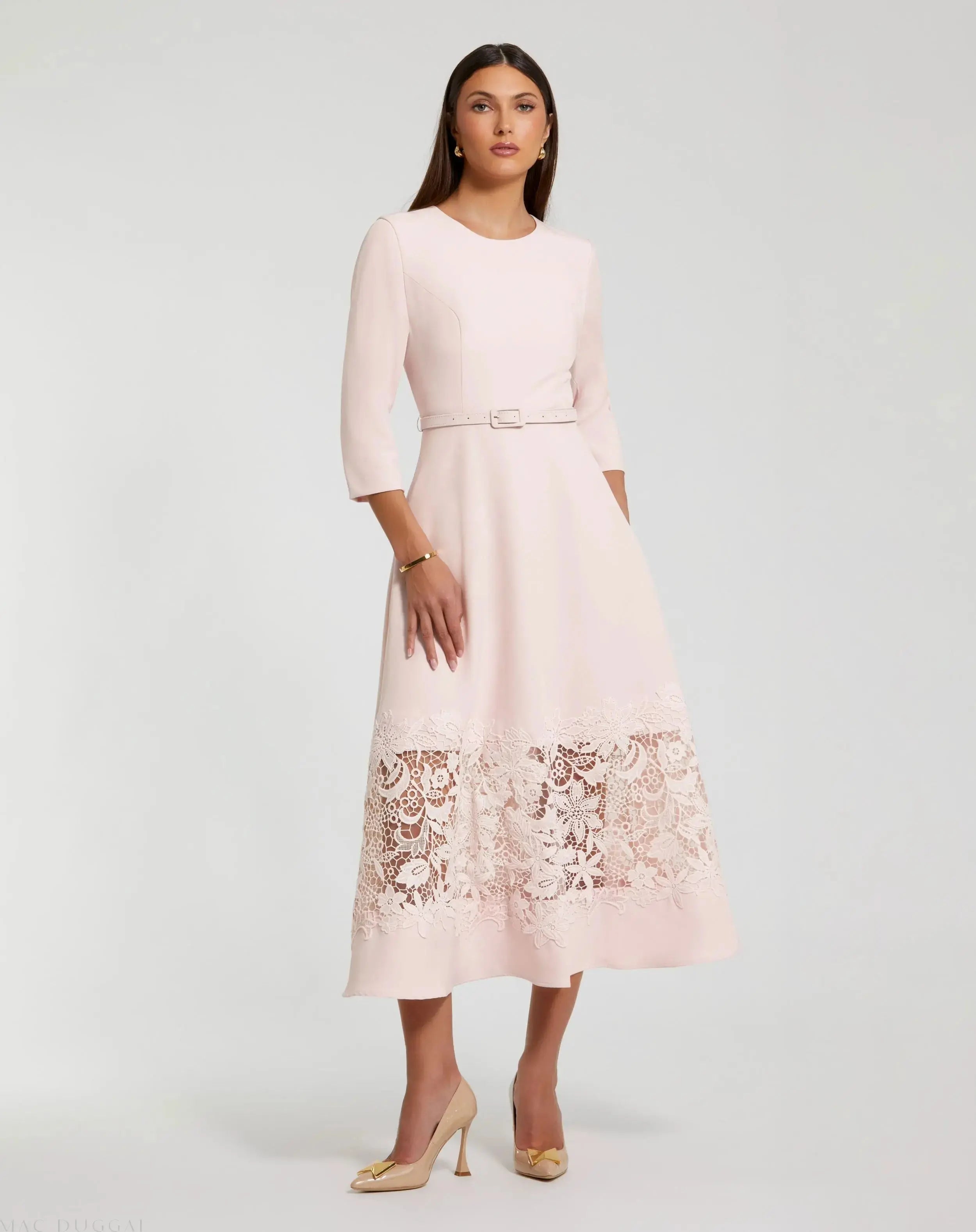 Pink Crepe Boat Neck Midi Dress With Applique Cut Out - Mac Duggal Pink Crepe Boat Neck Midi Dress With Applique Cut Out - Mac Duggal