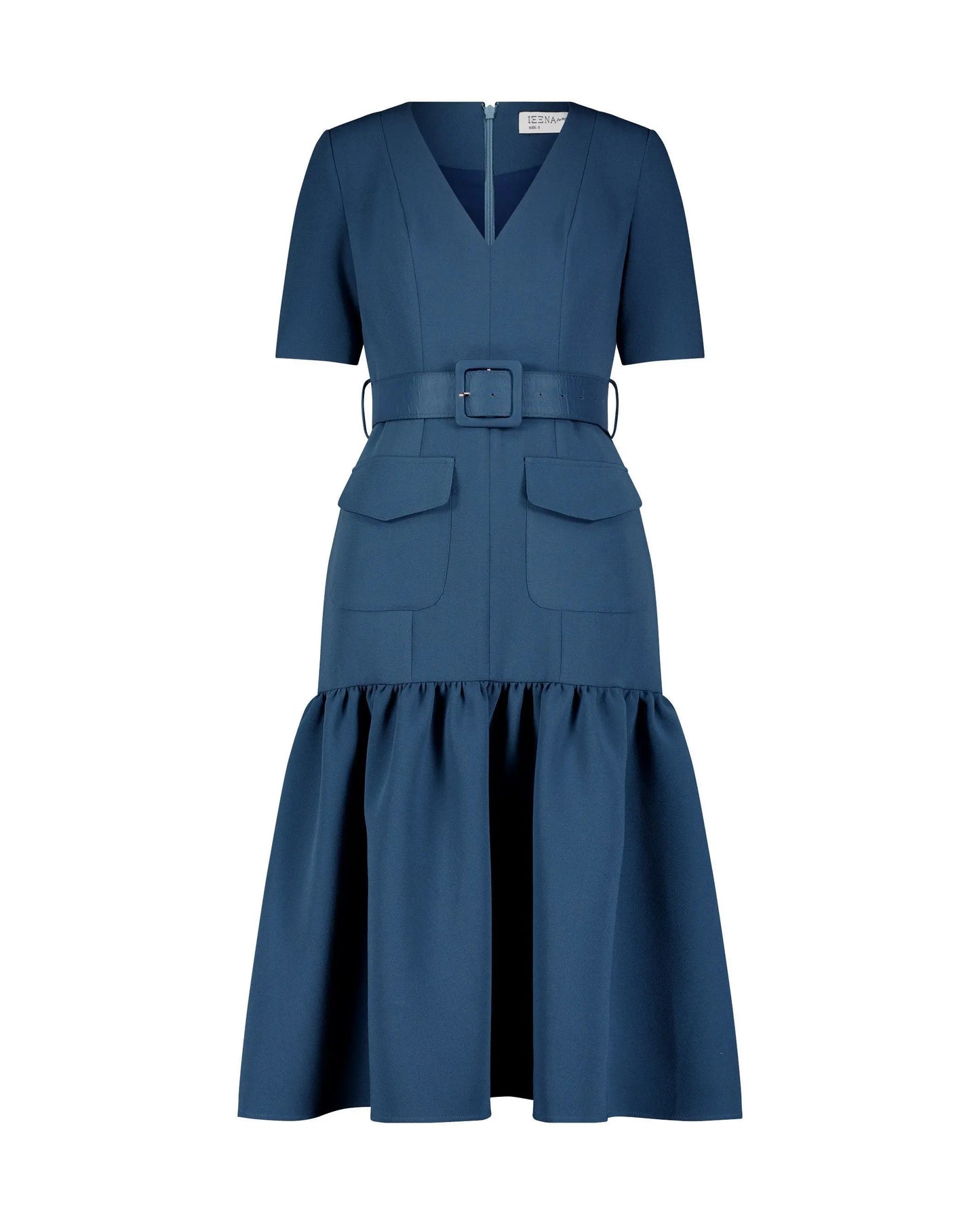 Blue Crepe 3/4 Sleeve Midi Dress With Belt And Pockets - Mac Duggal
