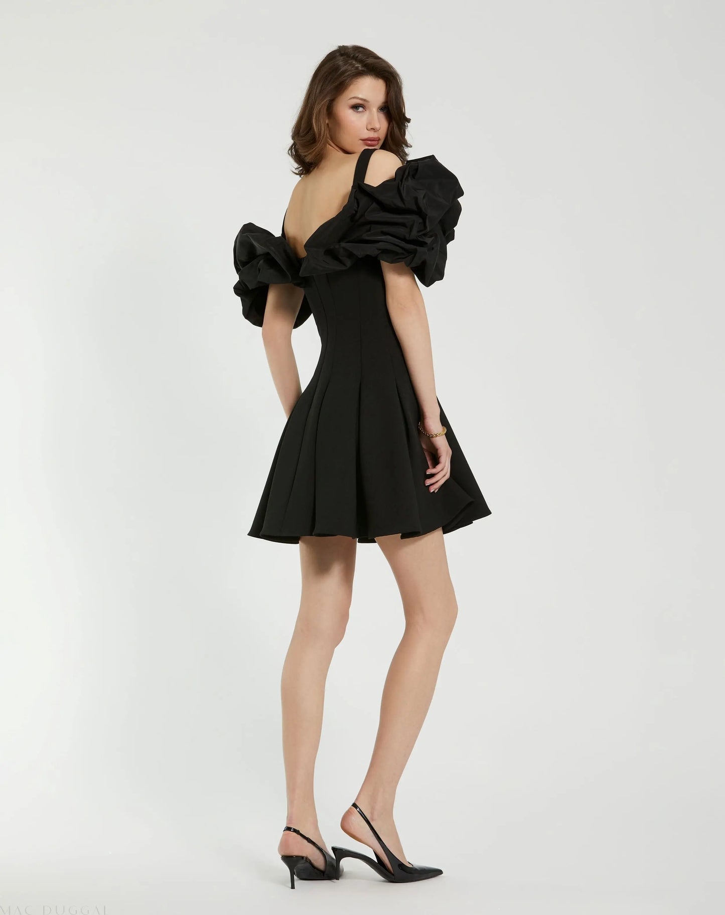 Black Crepe Godet Hem Mini Dress With Faille Ruffle - Mac Duggal