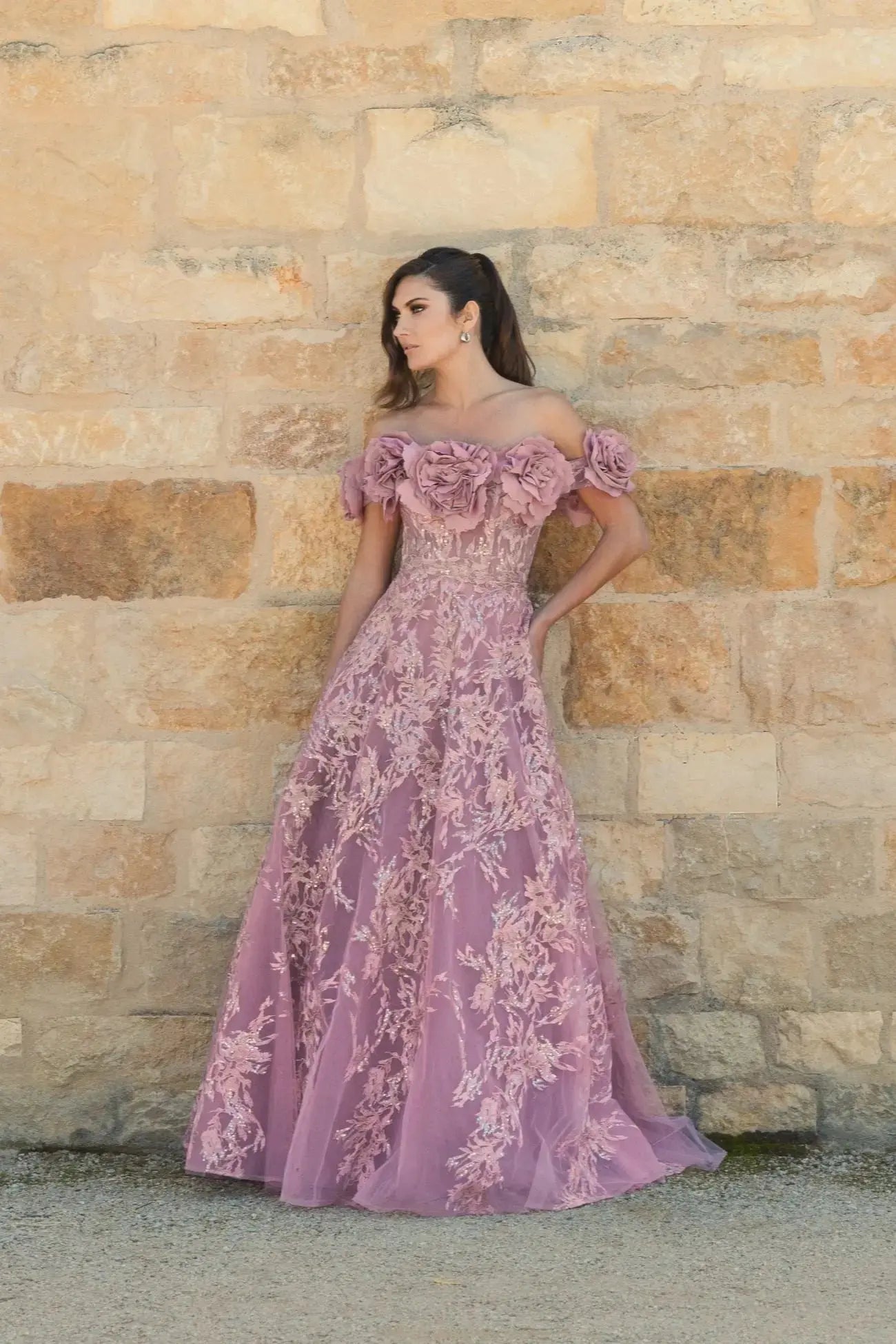 Purple Off The Shoulder 3D Floral Embroidered A-Line Gown - Mac Duggal