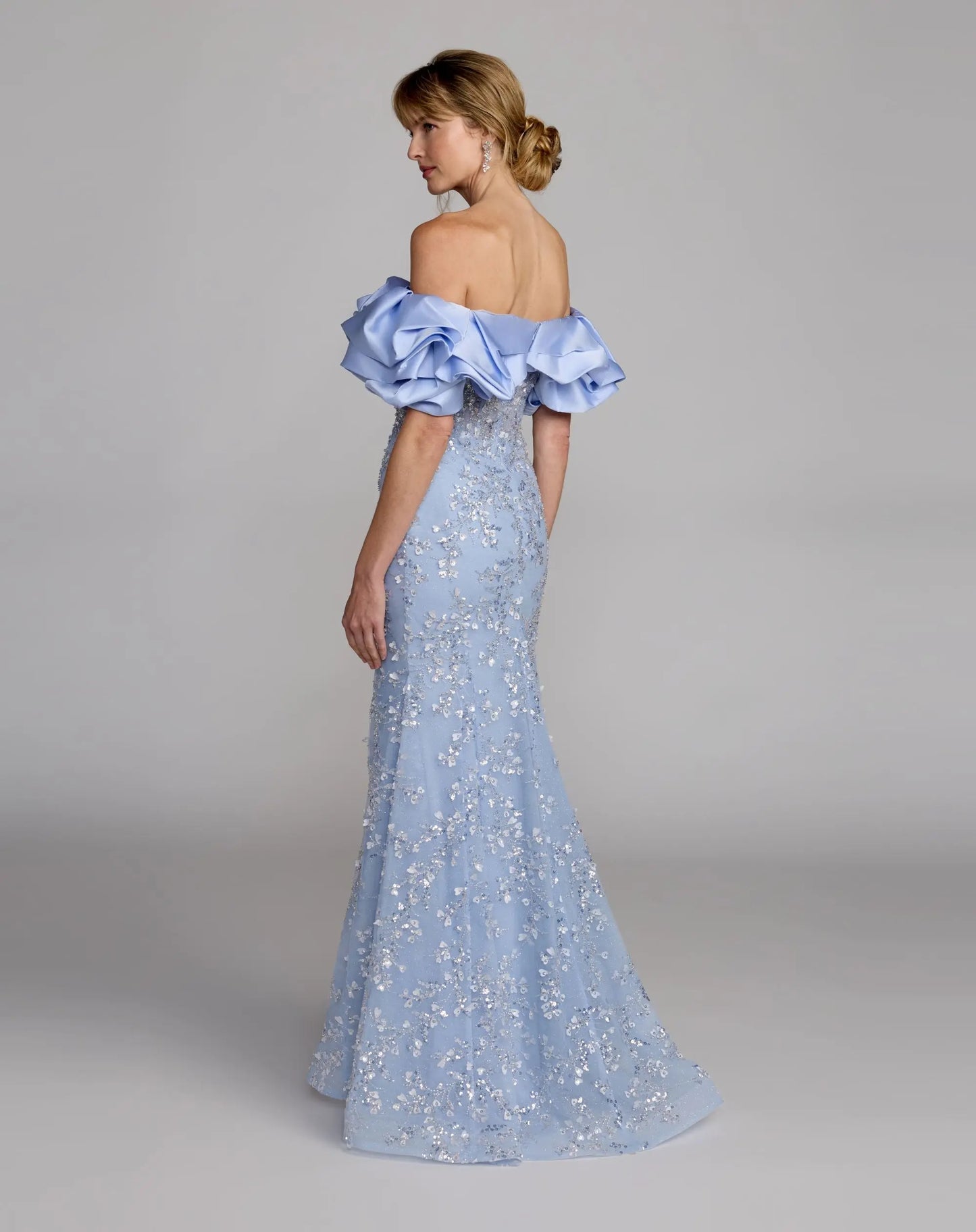 Blue Embellished Mermaid Gown With Off The Shoulder Ruffle - Mac Duggal