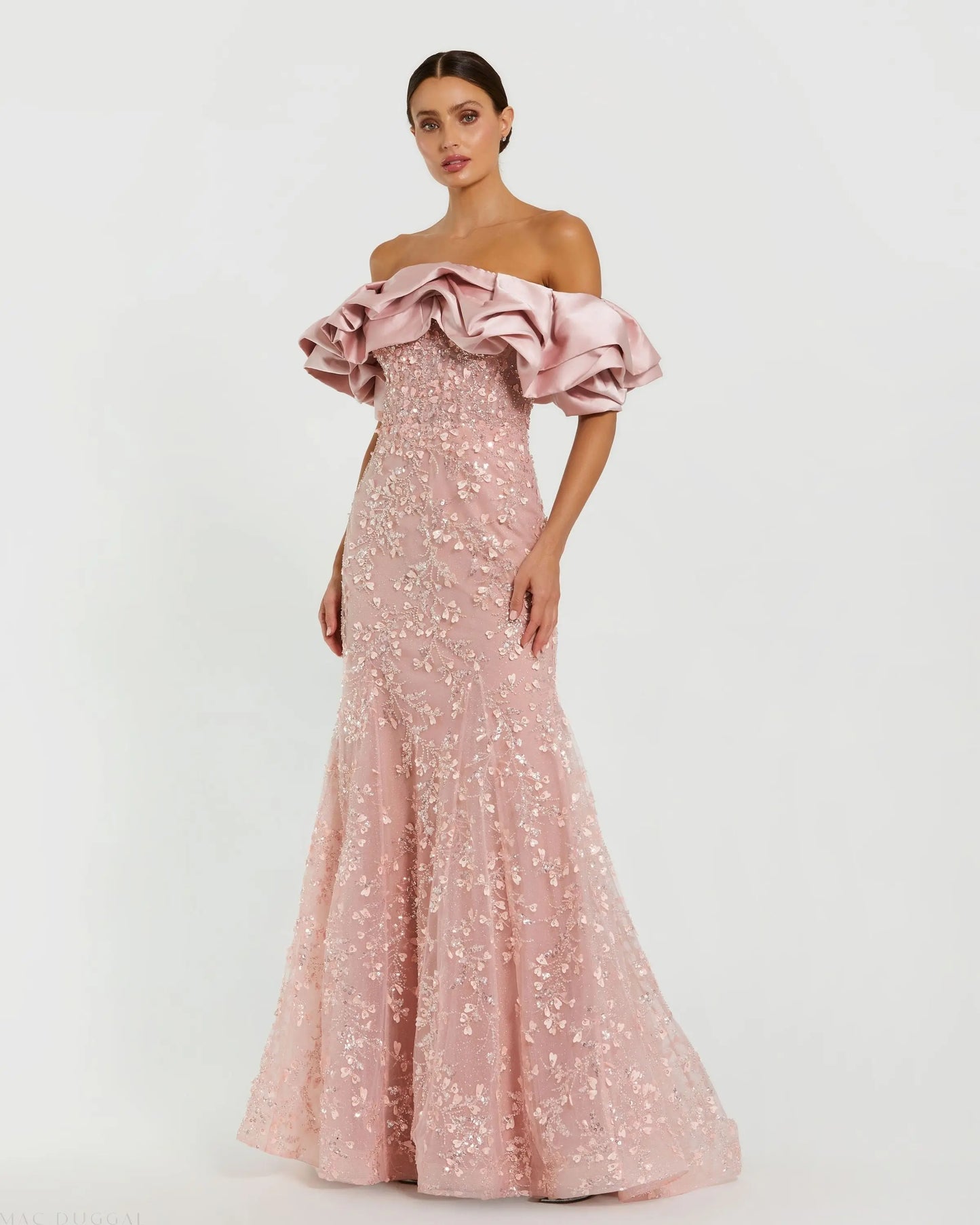 Pink Beaded Mermaid Gown With Off The Shoulder Ruffle - Mac Duggal