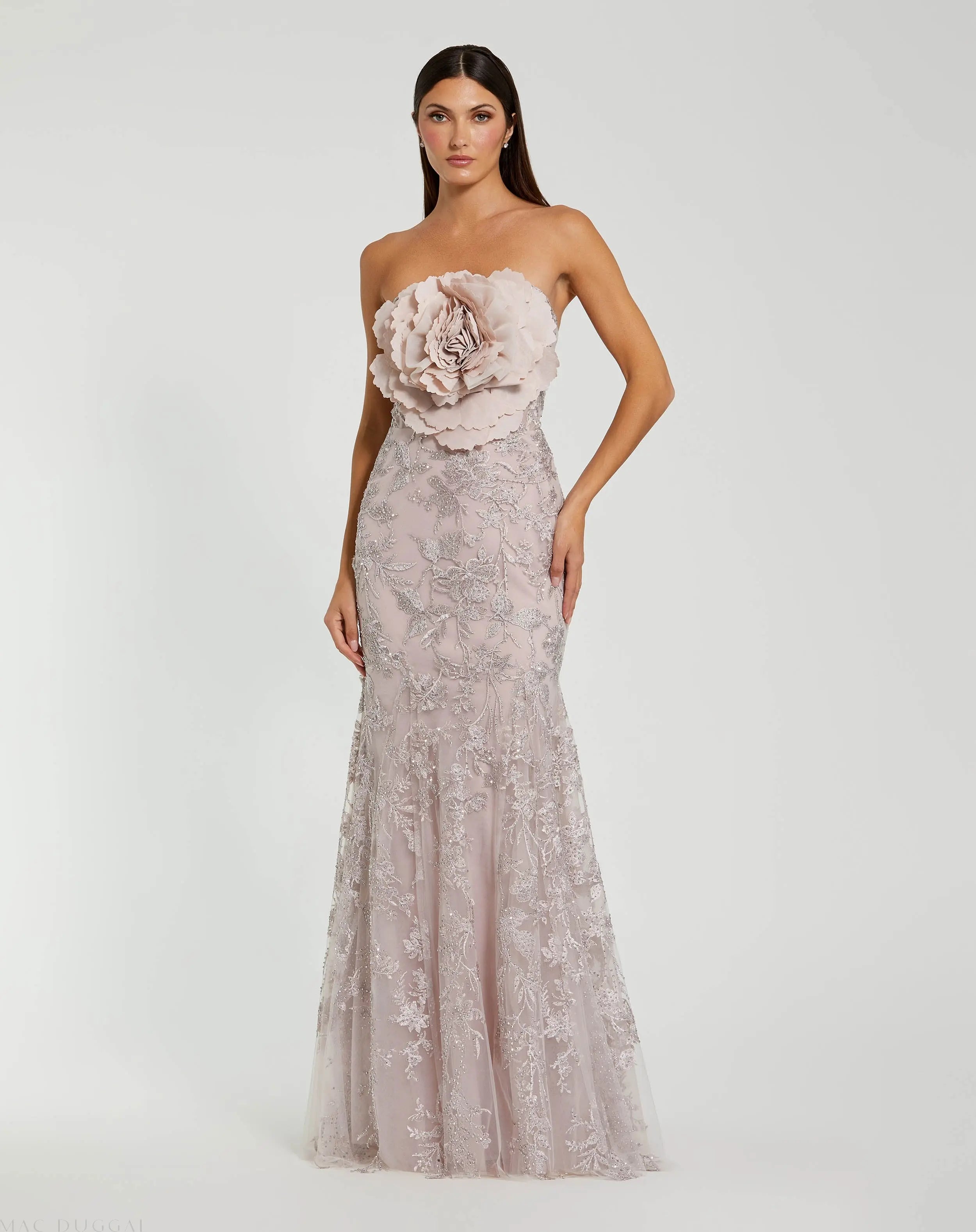 Strapless Lace Embellished Trumpet Gown With 3D Flower | Mac Duggal Strapless Lace Embellished Trumpet Gown With 3D Flower | Mac Duggal