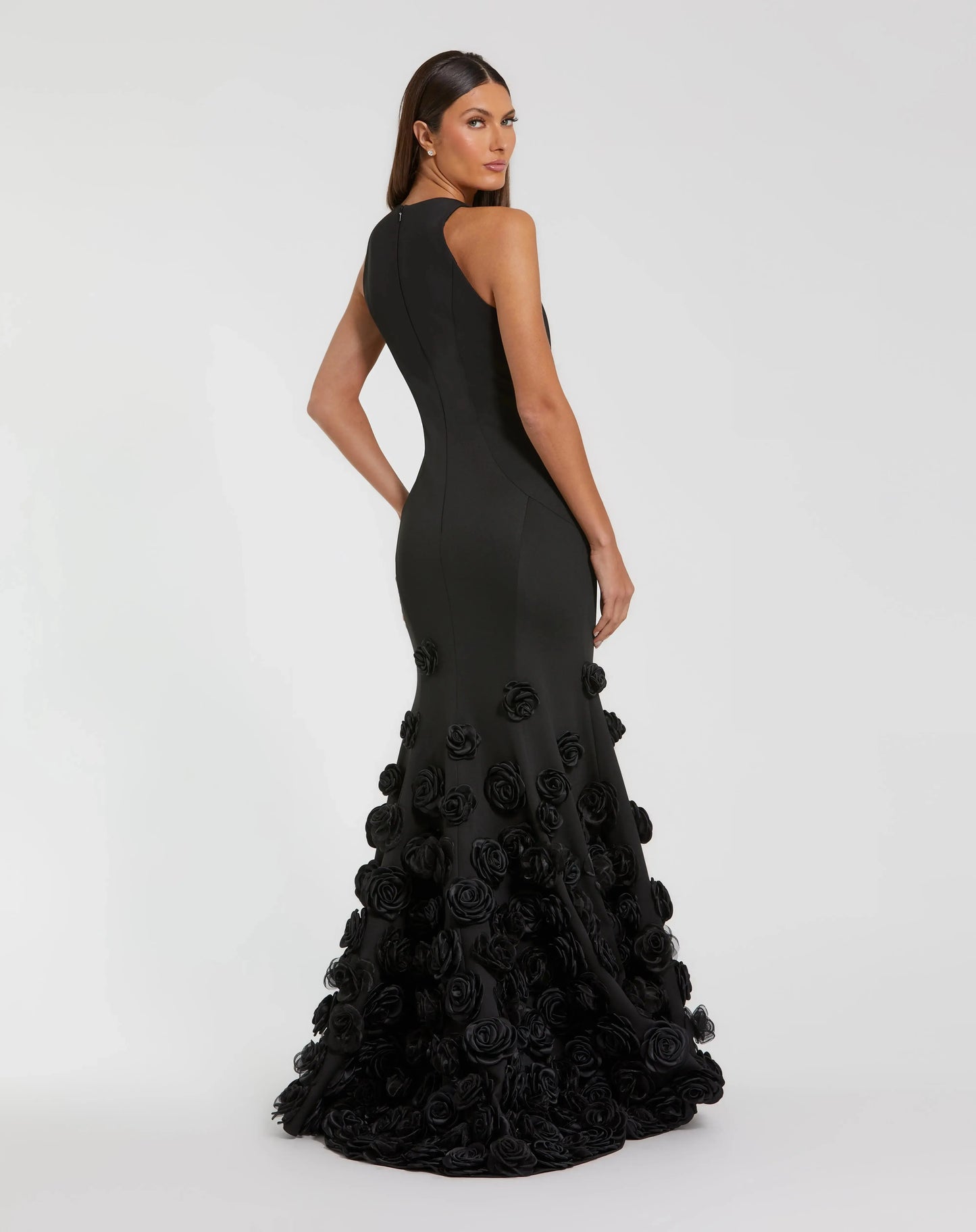Black Sleeveless Mermaid Gown With 3D Floral Hem - Mac Duggal