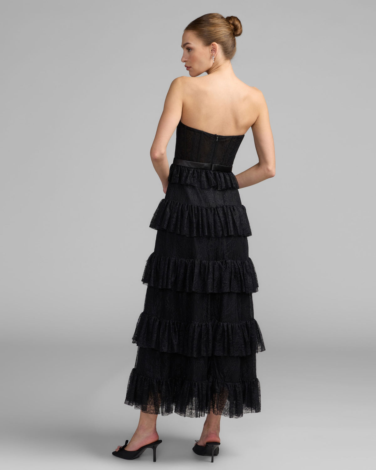 Black Strapless Tiered Lace Midi Dress - Ieena for Mac Duggal