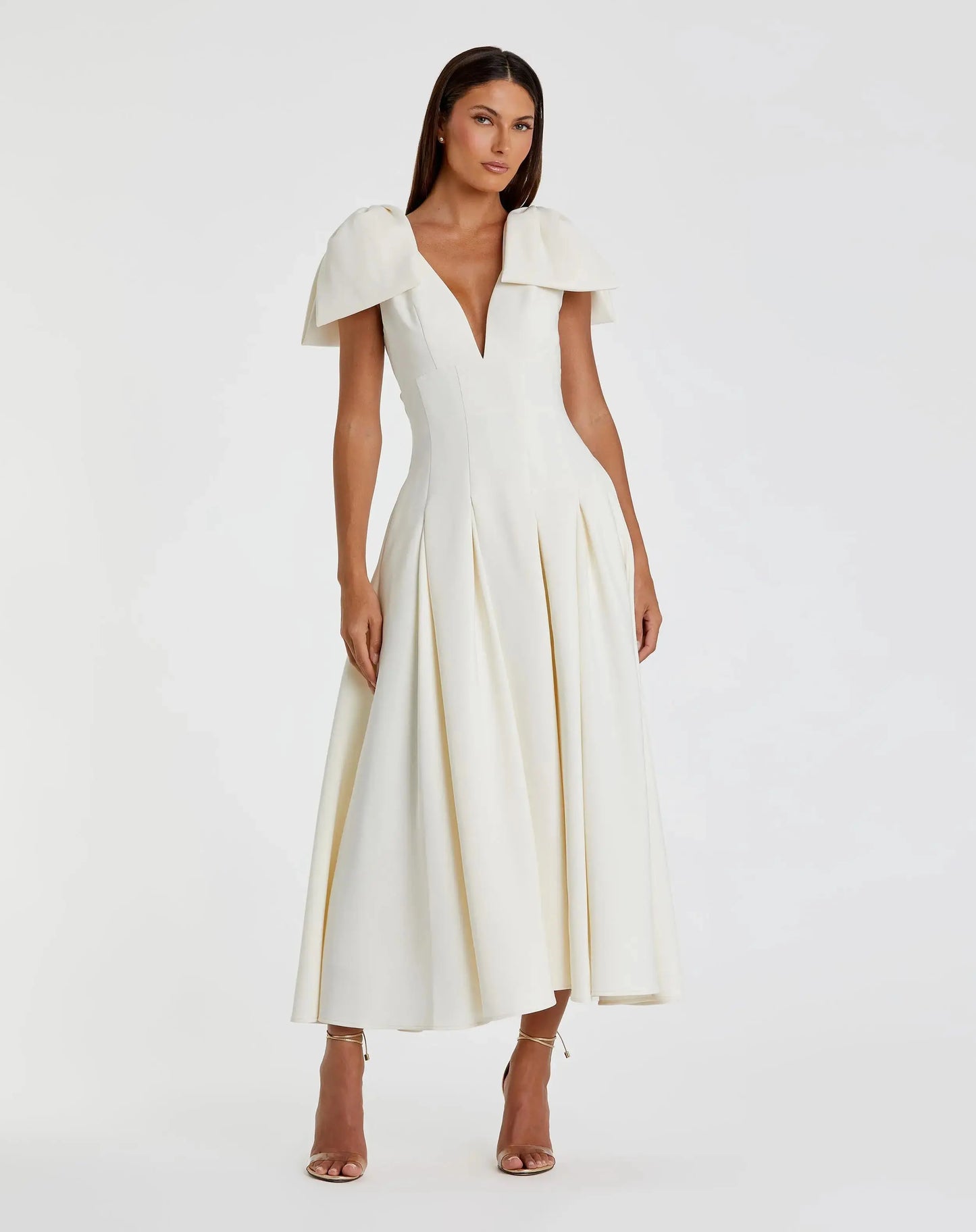 Ivory Crepe A Line Midi Dress With Bow Straps - Ieena for Mac Duggal