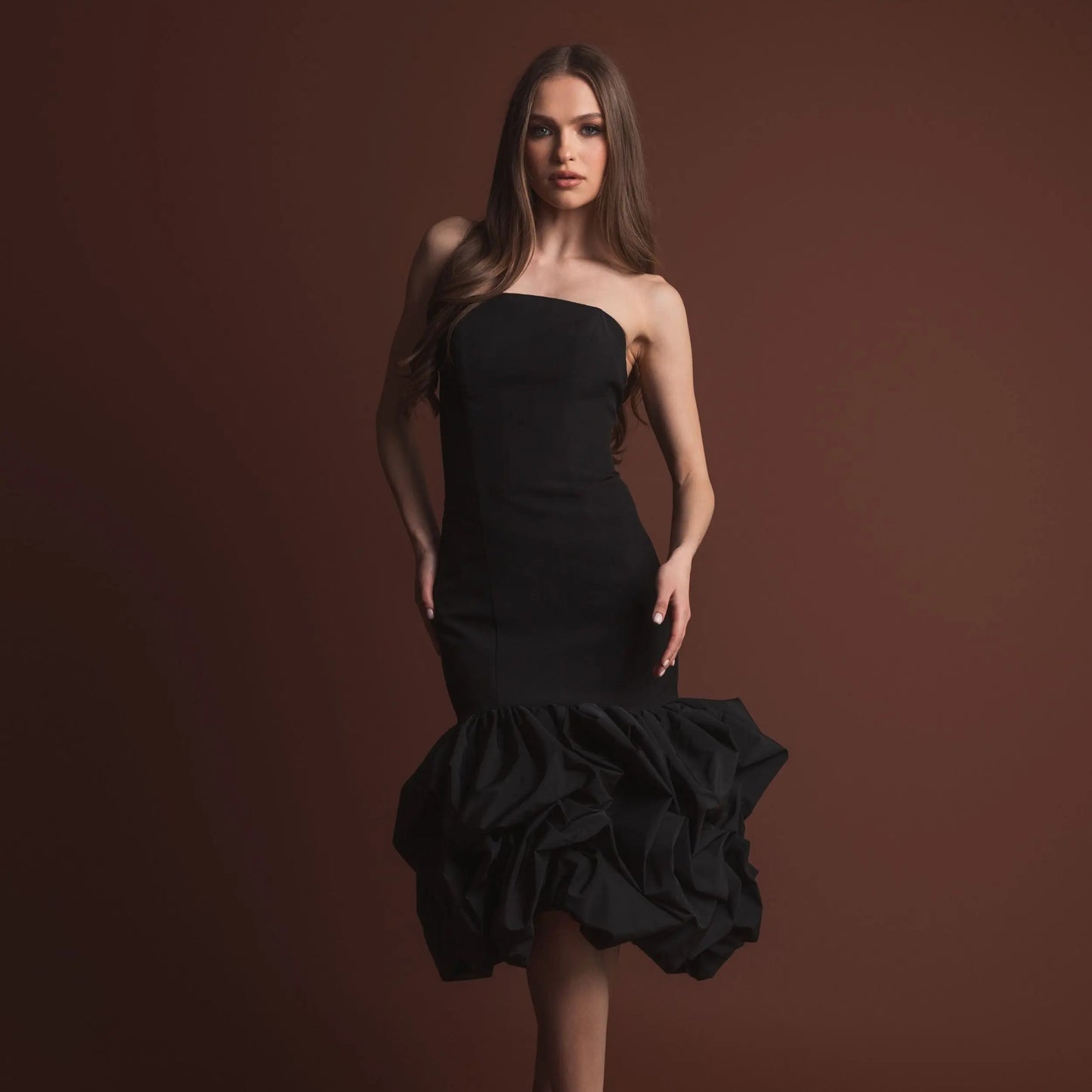 Black Crepe Strapless Midi Dress With Bubble Hem - Ieena for Mac Duggal