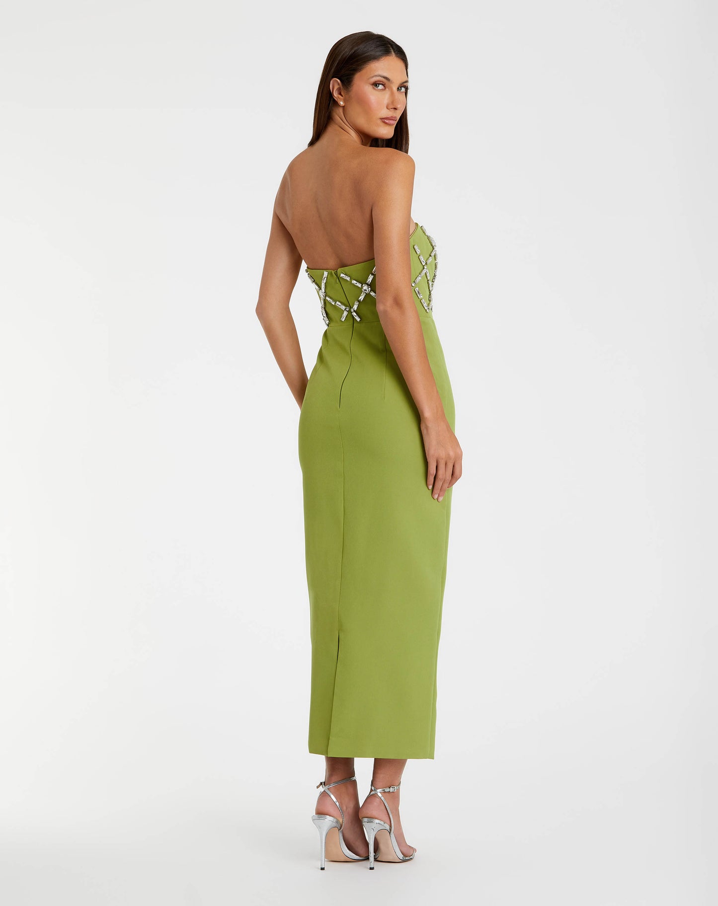 Green Strapless Crystal Embellished Midi Dress Ieena for Mac Duggal