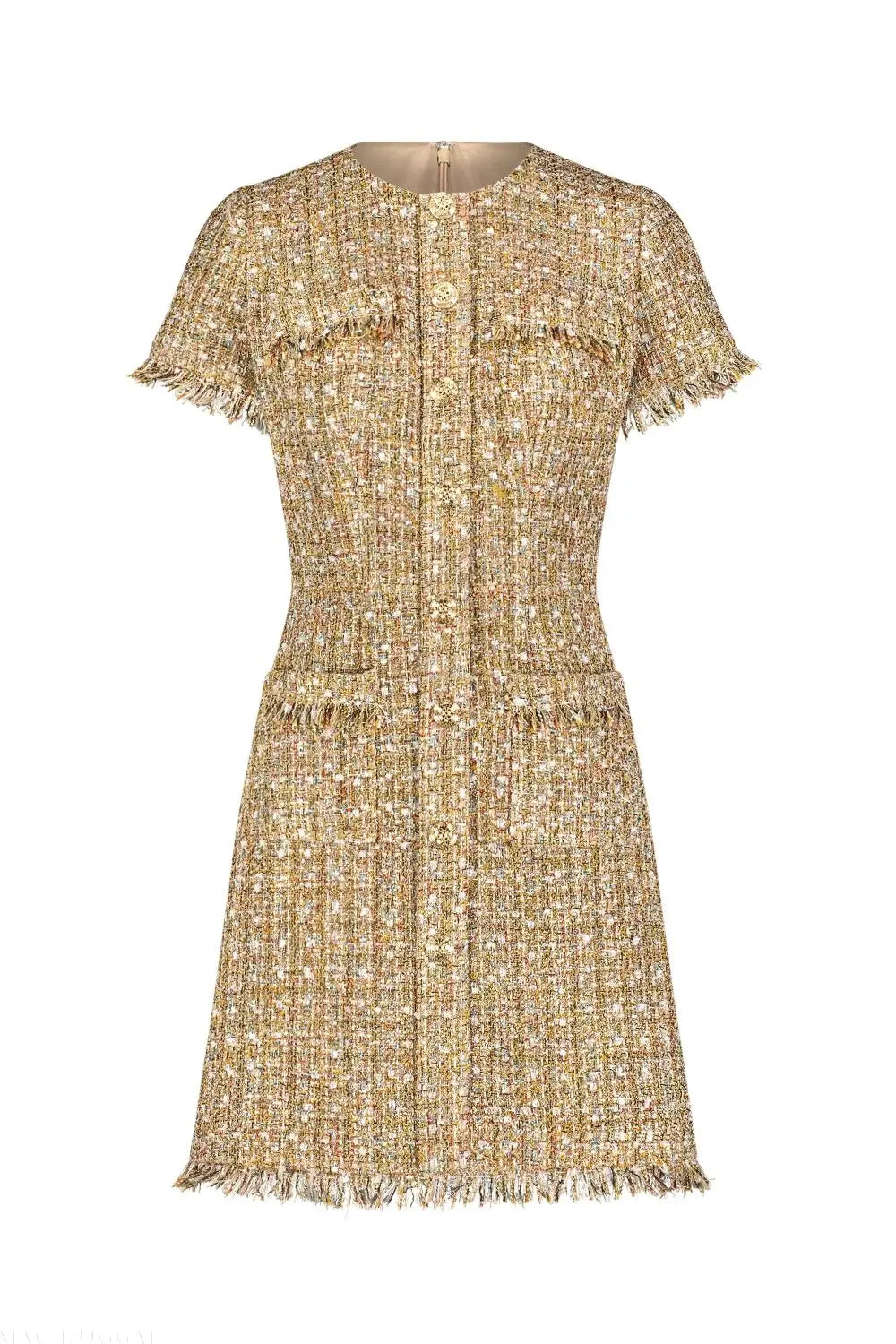 Beige Boucle Short Sleeve Mini Dress With Pockets - Mac Duggal