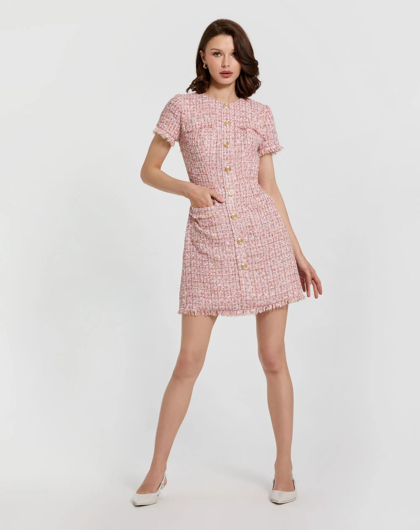 Bouclé Short Sleeve Mini Dress With Pockets - Ieena for Mac Duggal