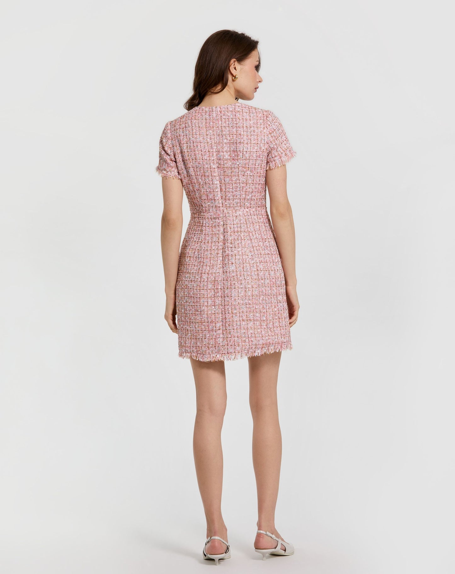 Pink Boucle Short Sleeve Mini Dress With Pockets Ieena for Mac Duggal