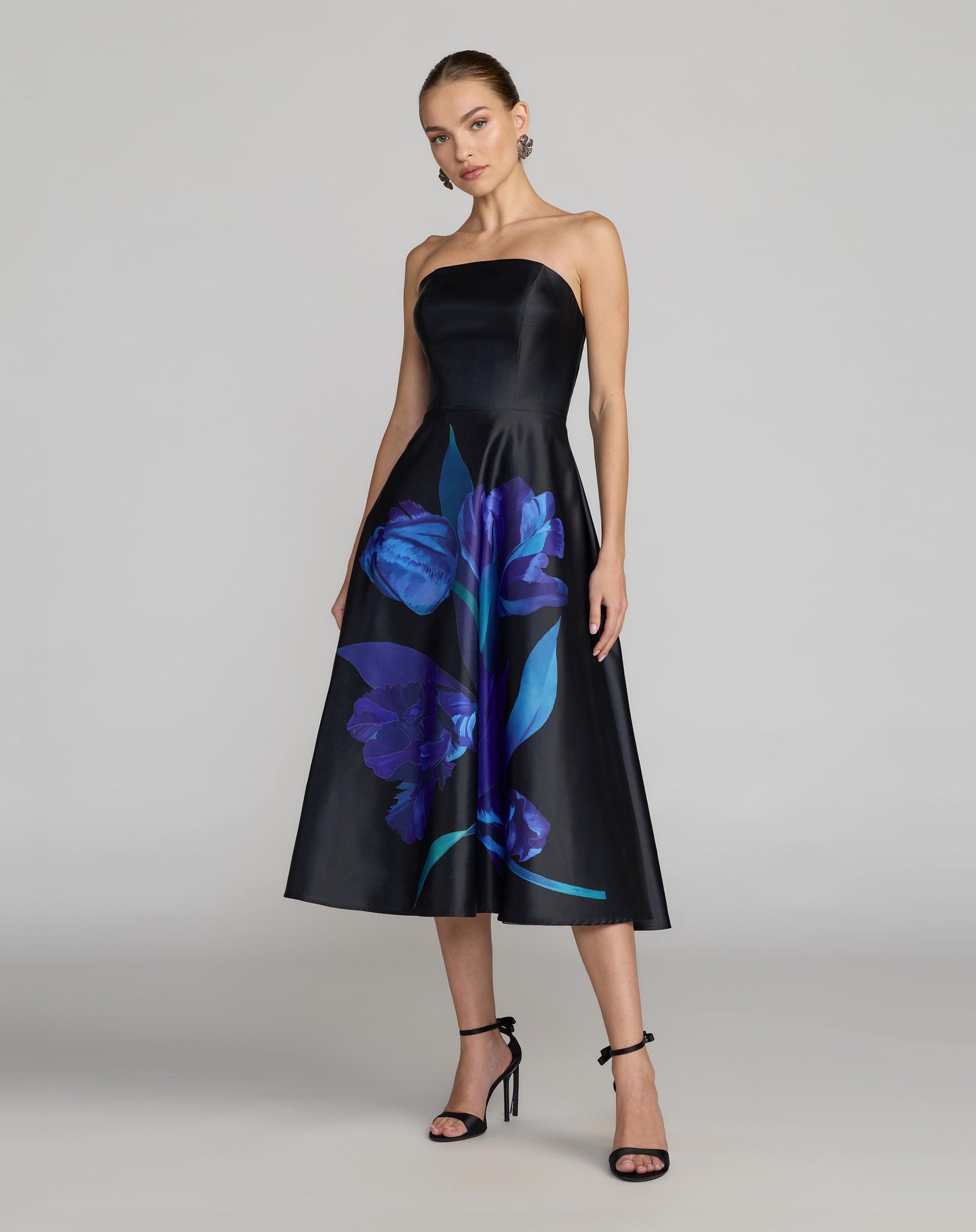 Black Strapless Satin Midi Dress With Flower Print Ieena for Mac Duggal