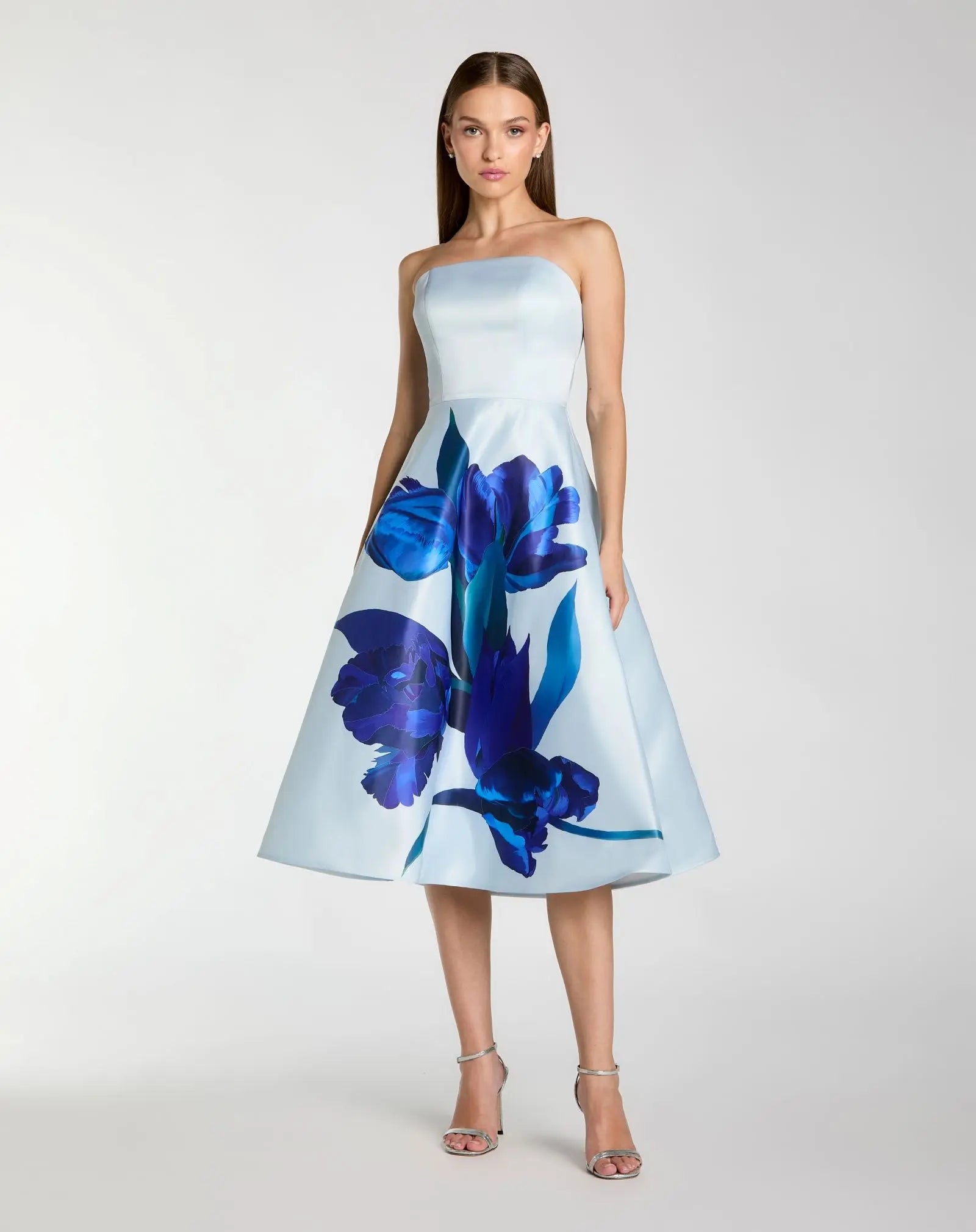 Strapless Satin Midi Dress With Flower Print