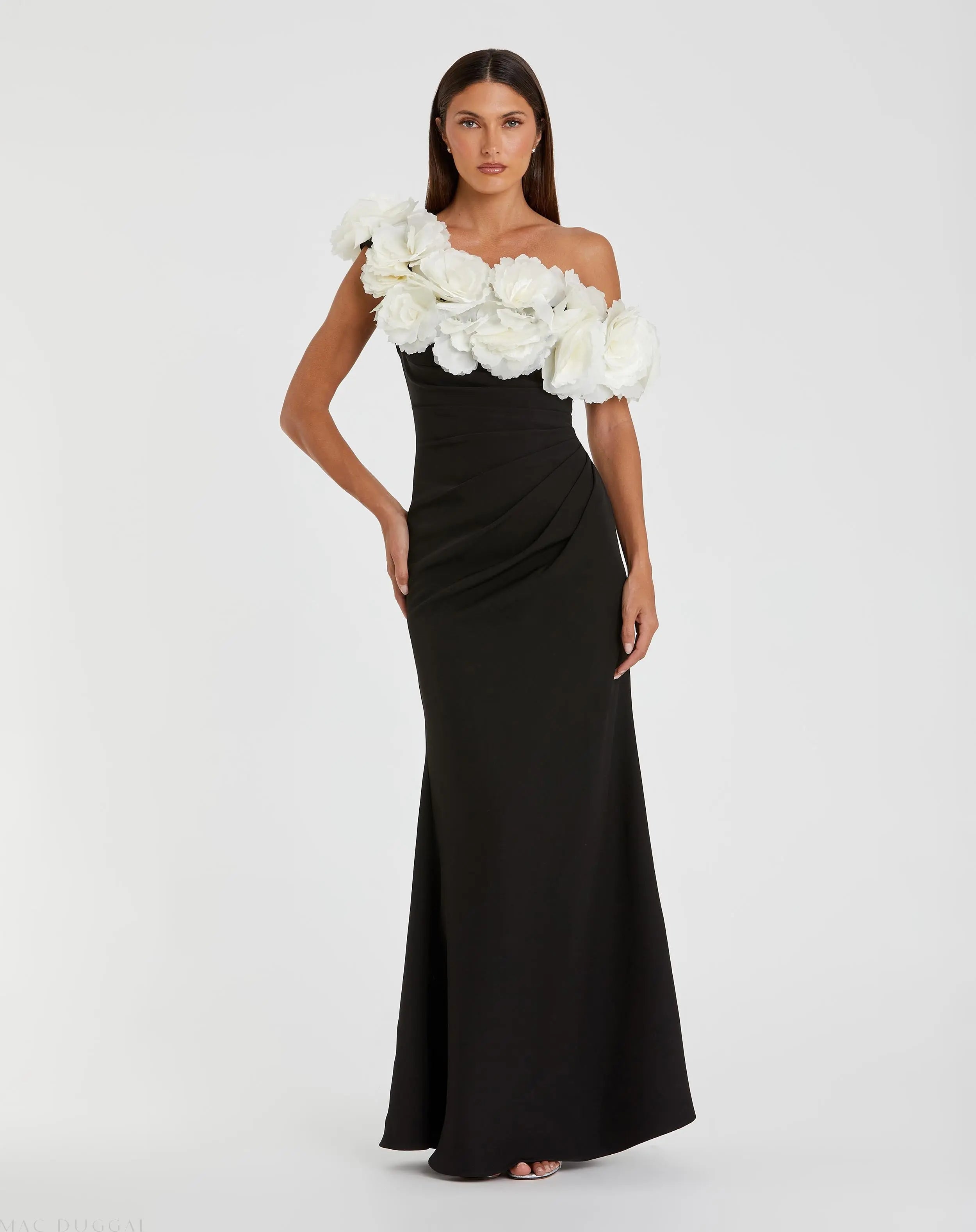 Black and White Jersey Gown With 3D Flower Off The Shoulder Detail | Mac Duggal Black and White Jersey Gown With 3D Flower Off The Shoulder Detail | Mac Duggal