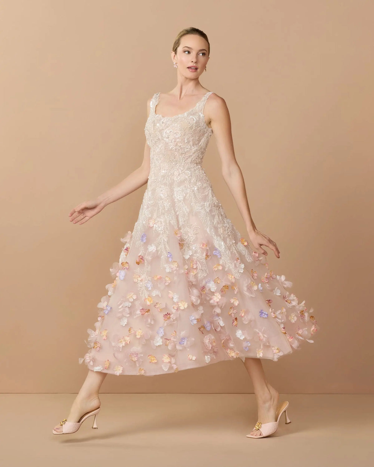 Blush Multi Sleeveless Beaded Midi Dress With 3D Flowers - Mac Duggal