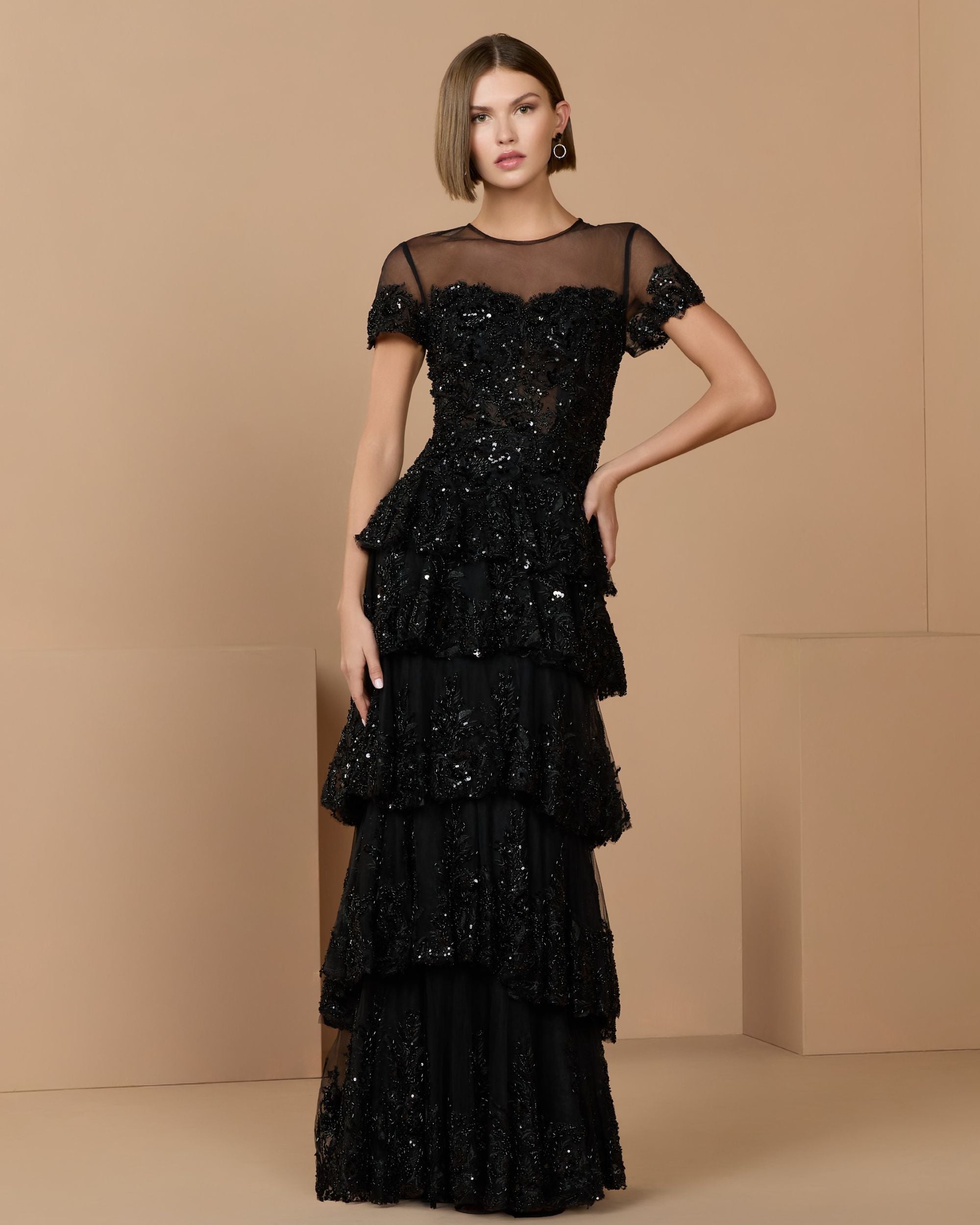 Black Embellished High Neck Gown With Tiered Ruffle Skirt