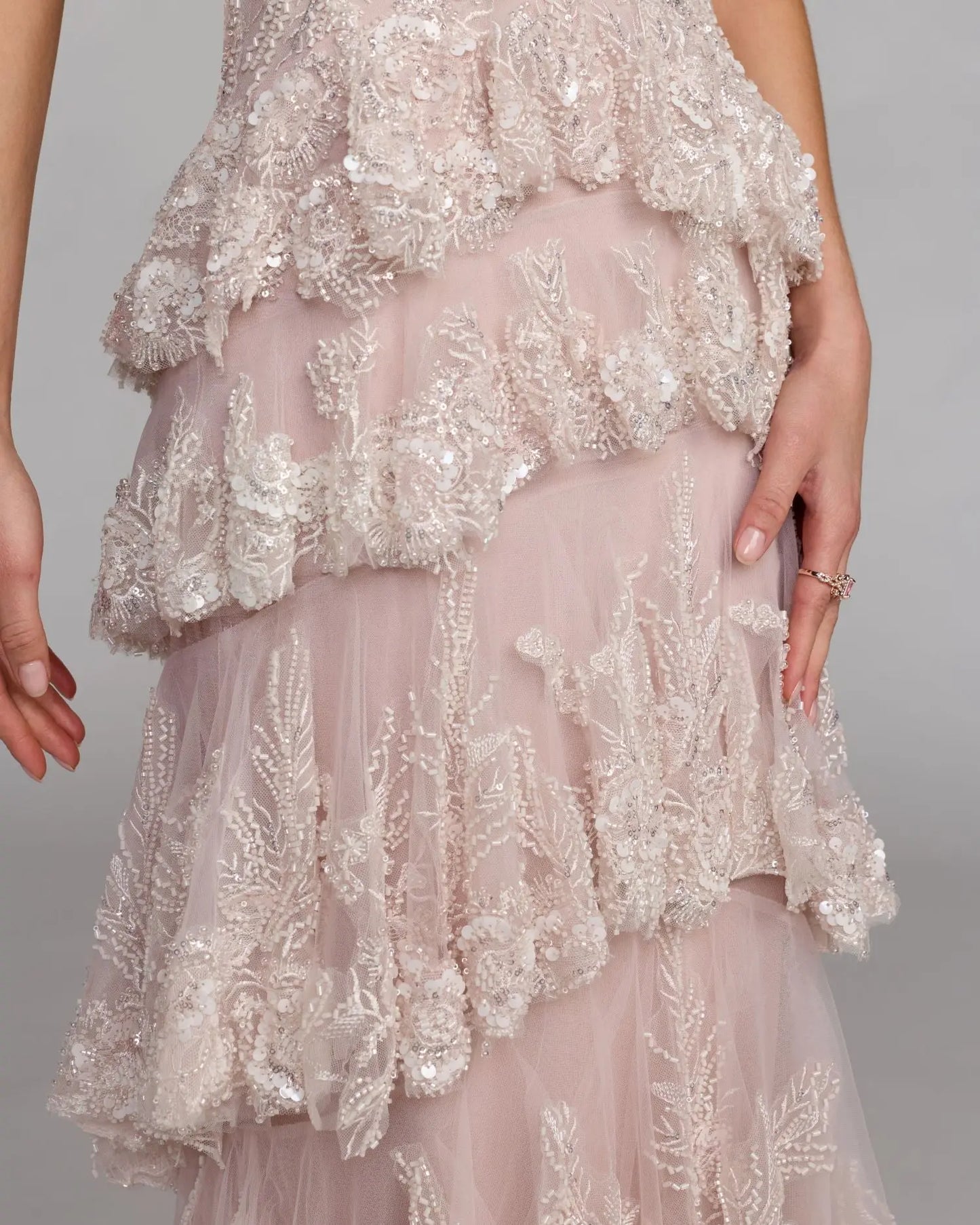 Light Pink Embellished High Neck Gown With Tiered Ruffle Skirt Mac Duggal