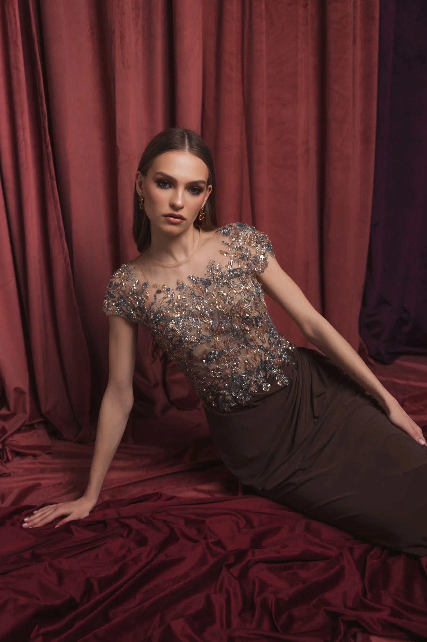 Brown Crystal Applique Embellished Jersey Gown - Mac Duggal