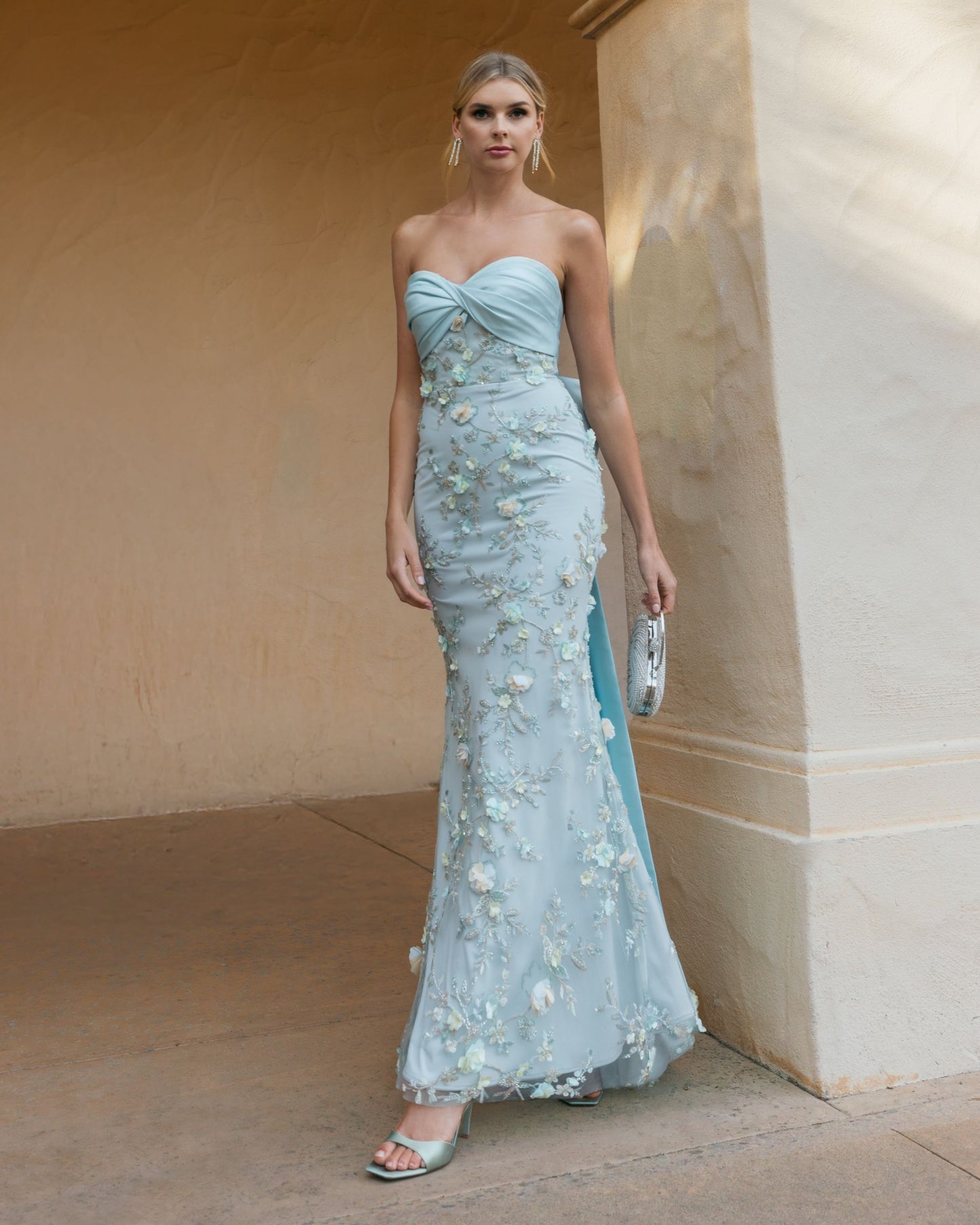 Blue Strapless Sweetheart Embellished Gown With Bow