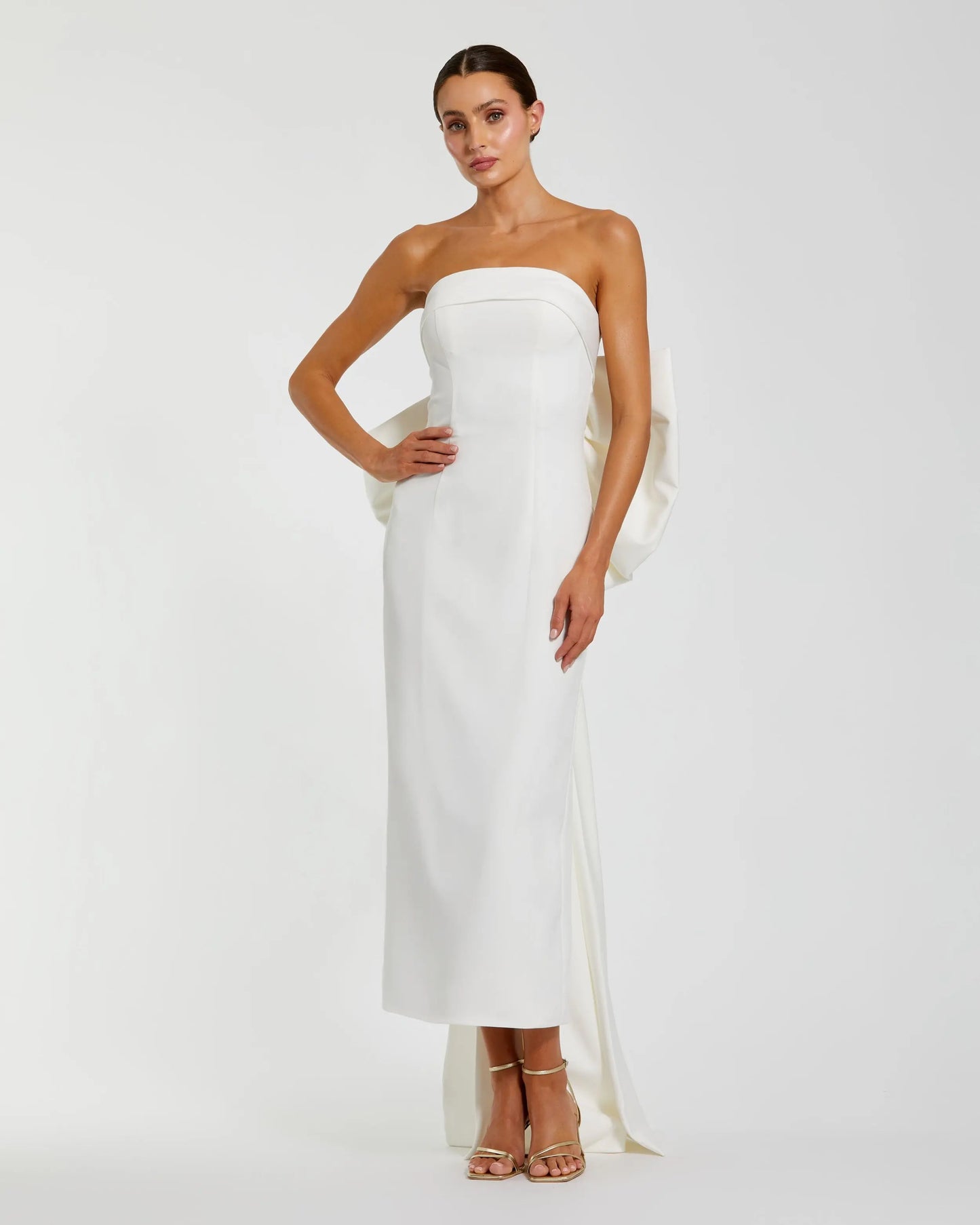 White Strapless Satin Sheath Dress with Bow - Ieena for Mac Duggal