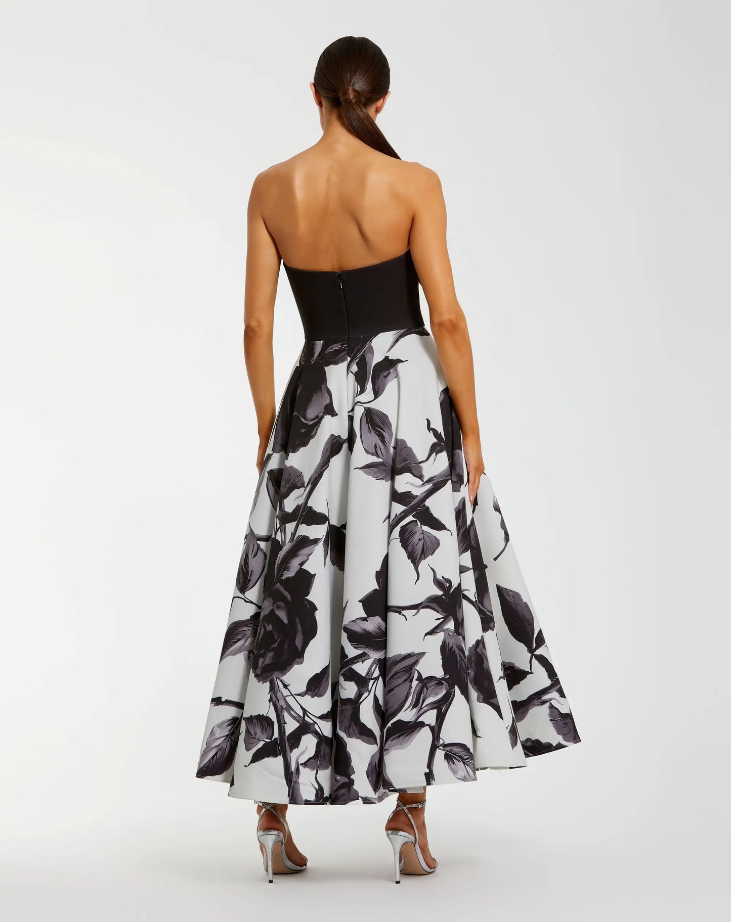 Black and Gray Floral Strapless Midi Dress With Bow Ieena for Mac Duggal