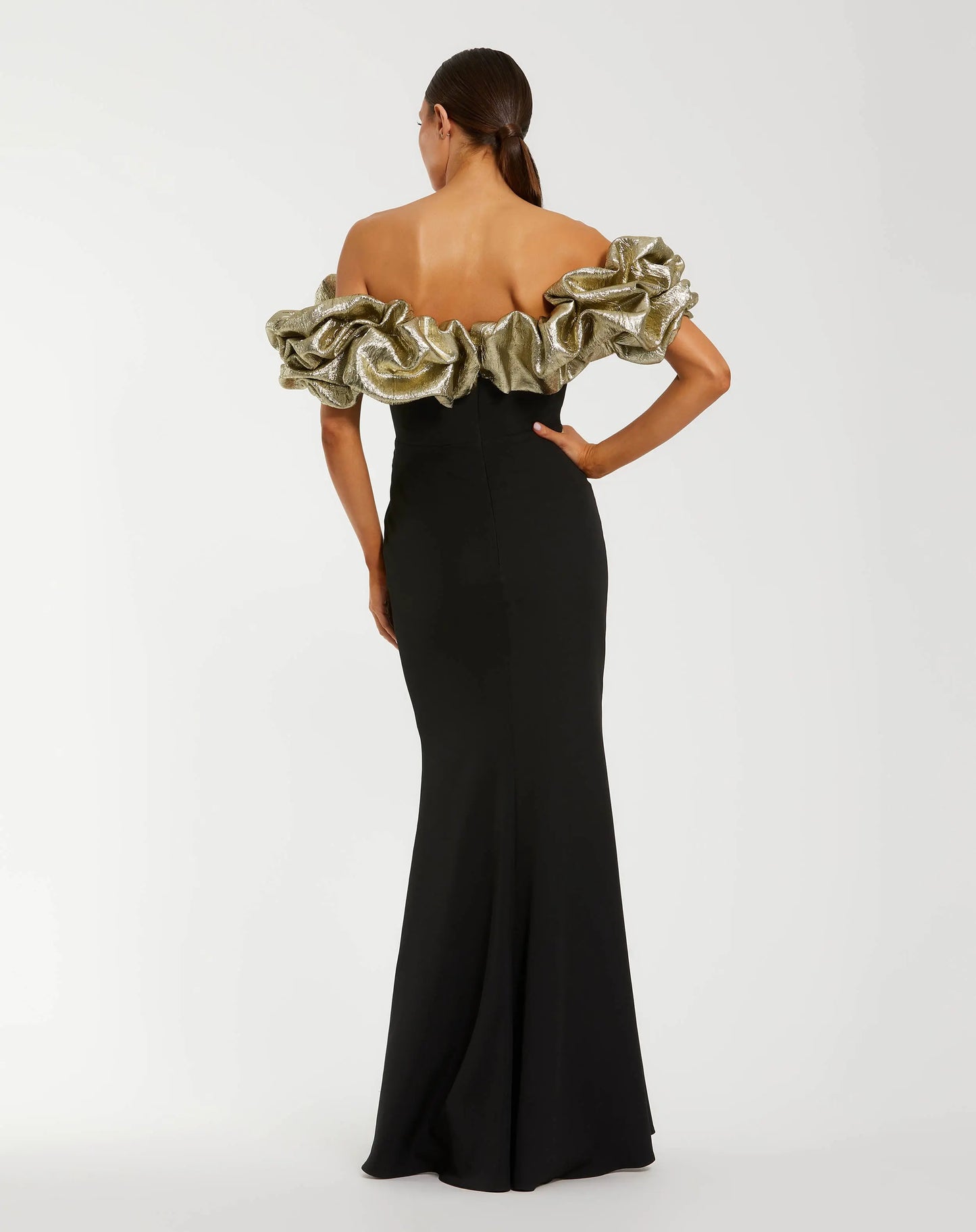 Black Crepe Mermaid Gown With Off The Shoulder Ruffle - Ieena for Mac Duggal