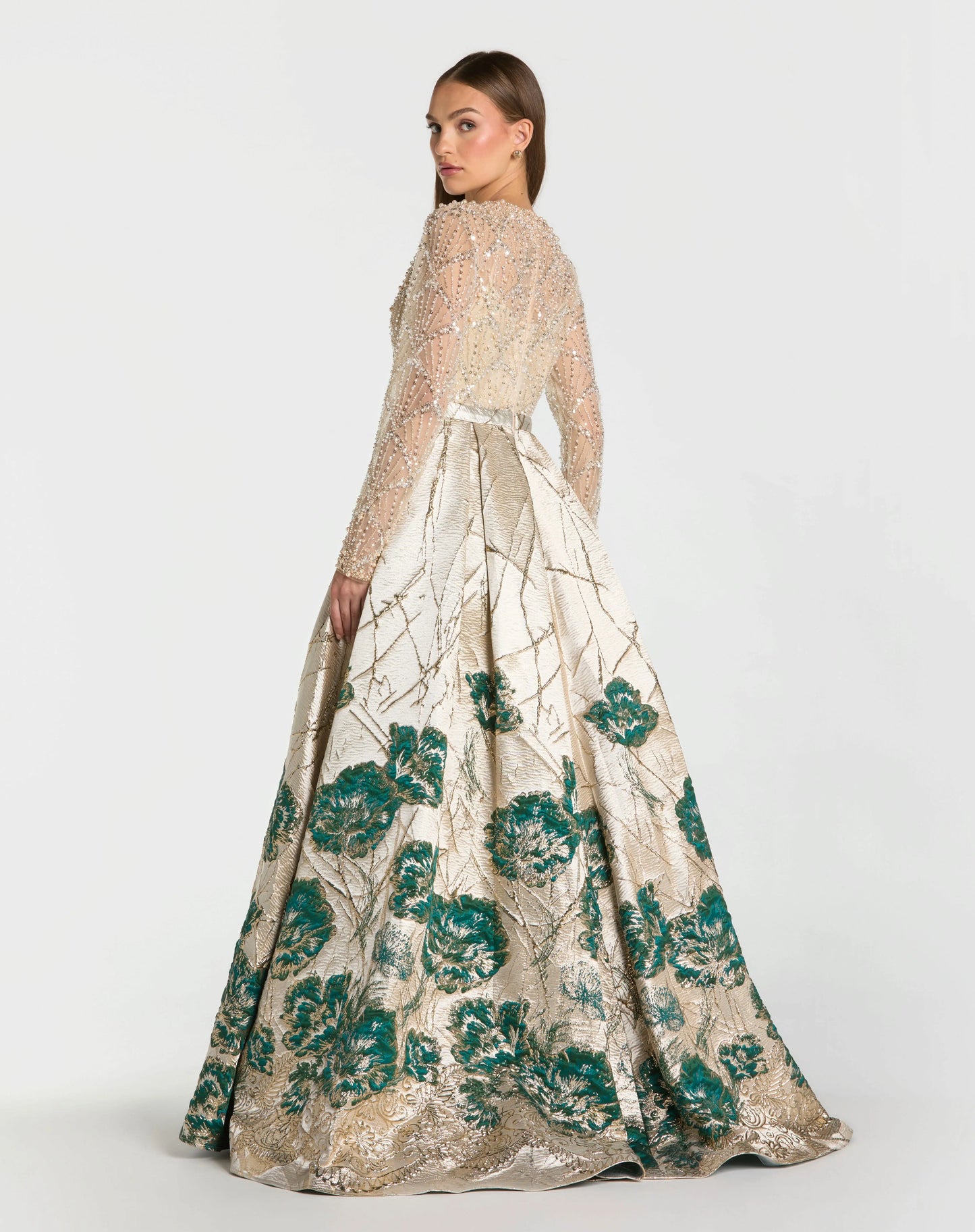 Gold Long Sleeve Embellished Floral Brocade Ball Gown Mac Duggal
