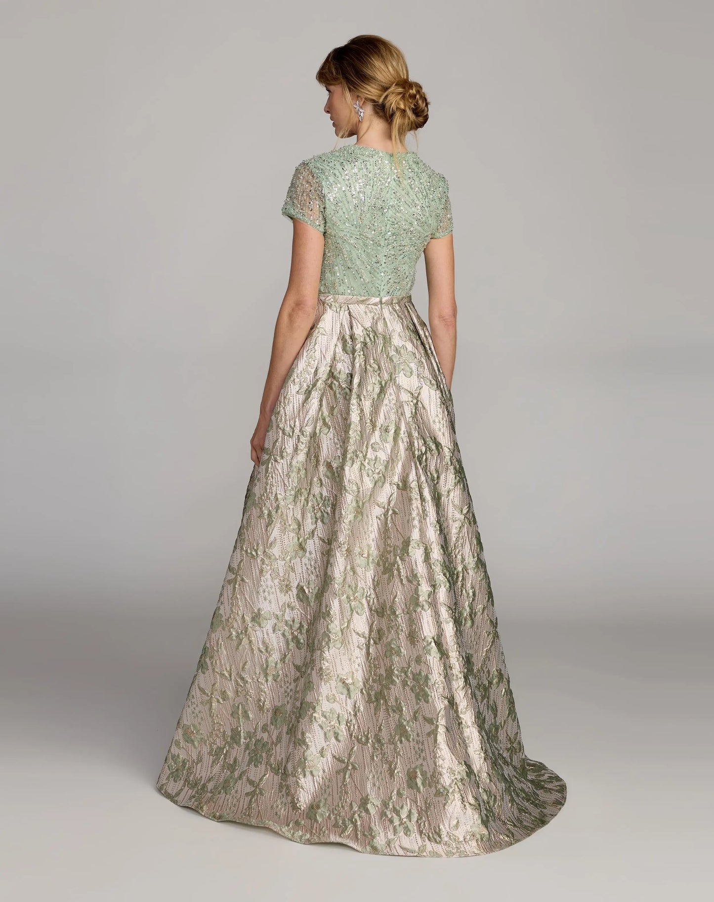 Green Sequin Cap Sleeve Brocade Ball Gown Mac Duggal